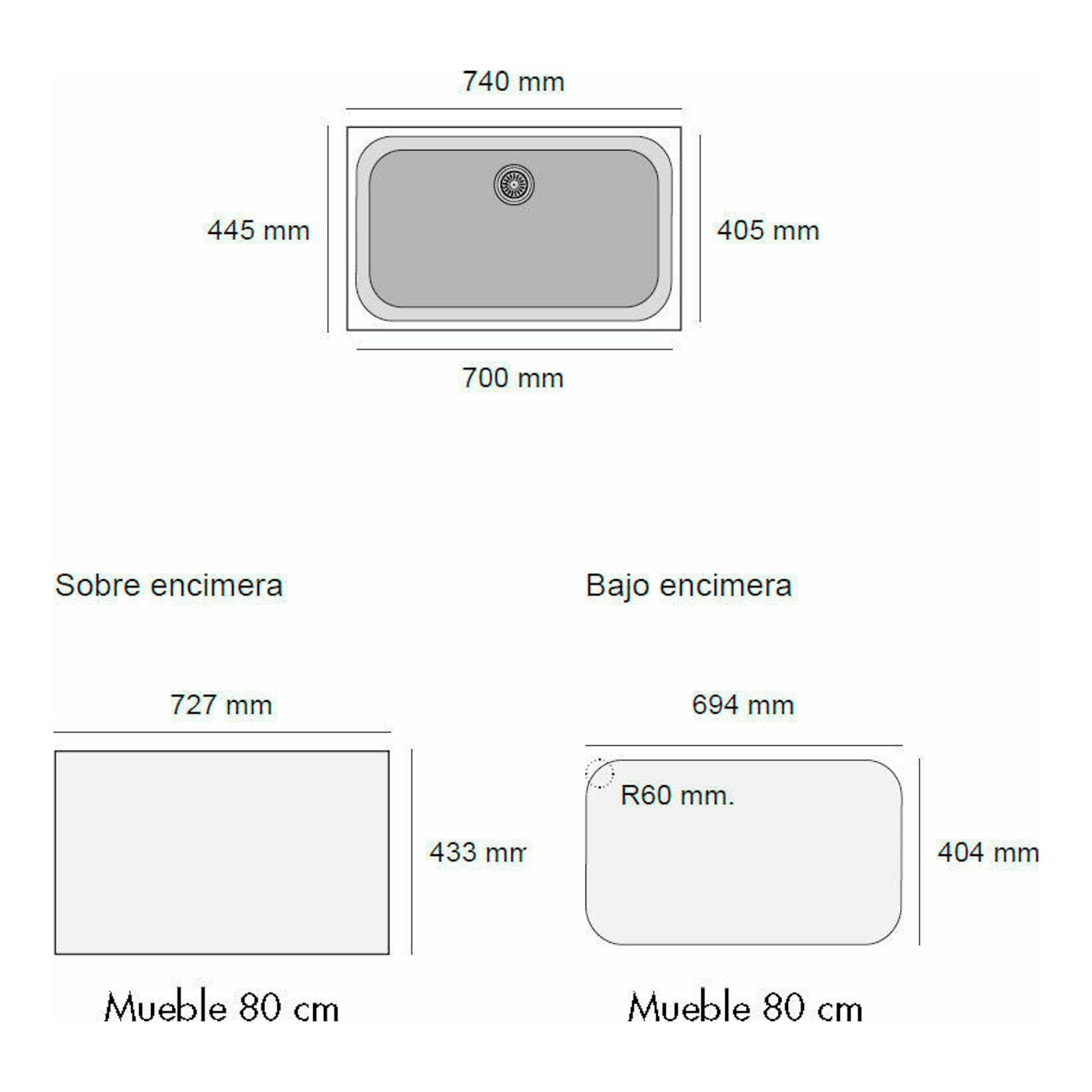 Fregadero Poalgi Essenzial 70 blanco, vista superior y esquemas de encastre con medidas en mm.