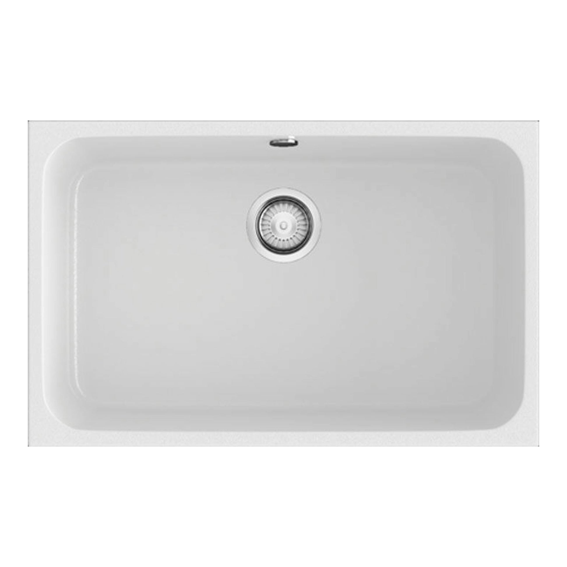 Fregadero Poalgi Essenzial 70 blanco brillo, vista superior, rectangular con desagüe central.