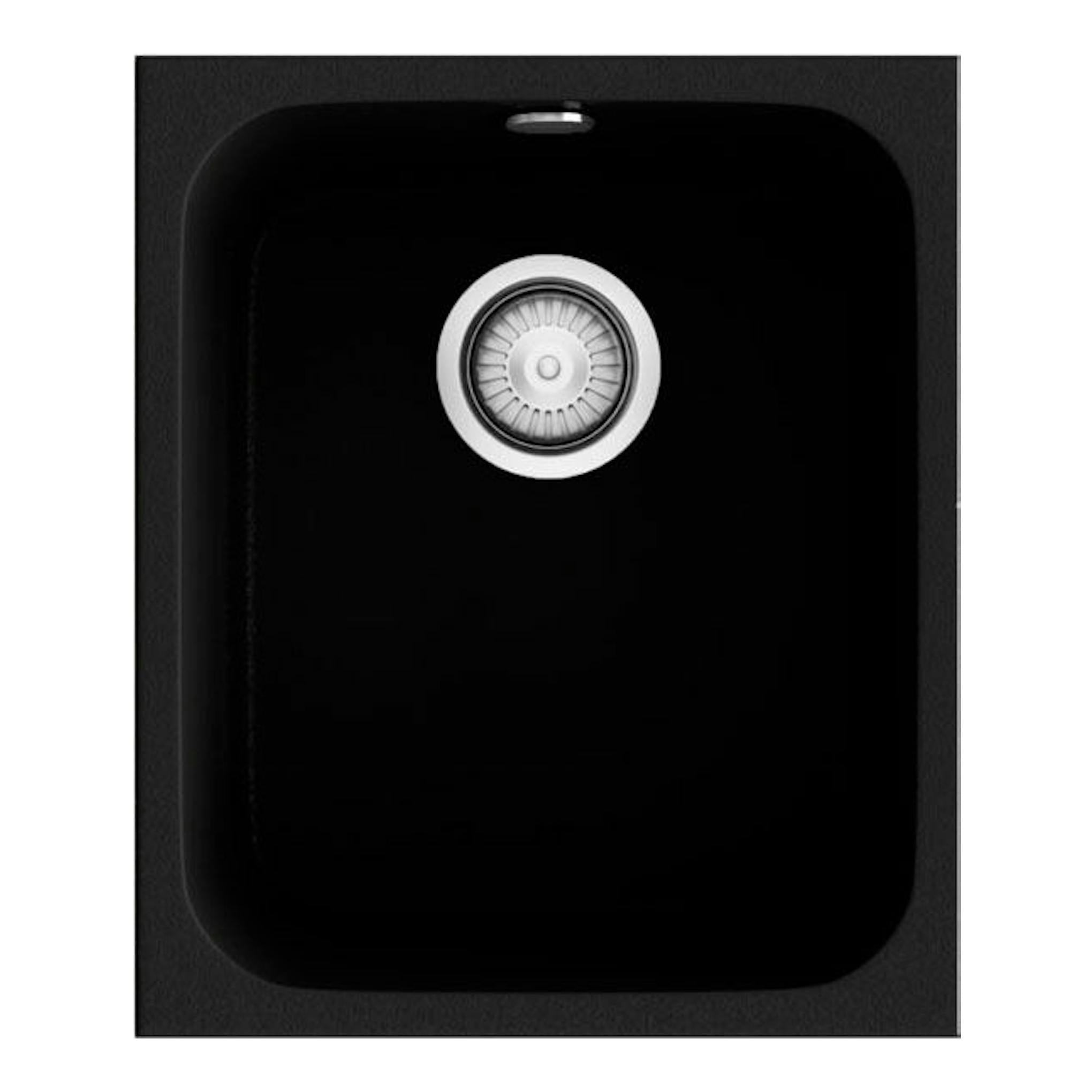Fregadero Poalgi Gandia 35 Basalt negro, vista superior, con cubeta rectangular y desagüe centrado.