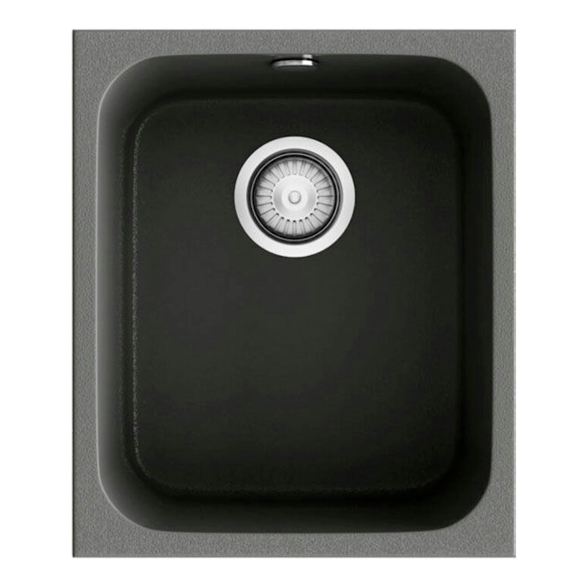 Fregadero Poalgi Gandia 35 gris, vista superior, con cubeta rectangular oscura y desagüe central.