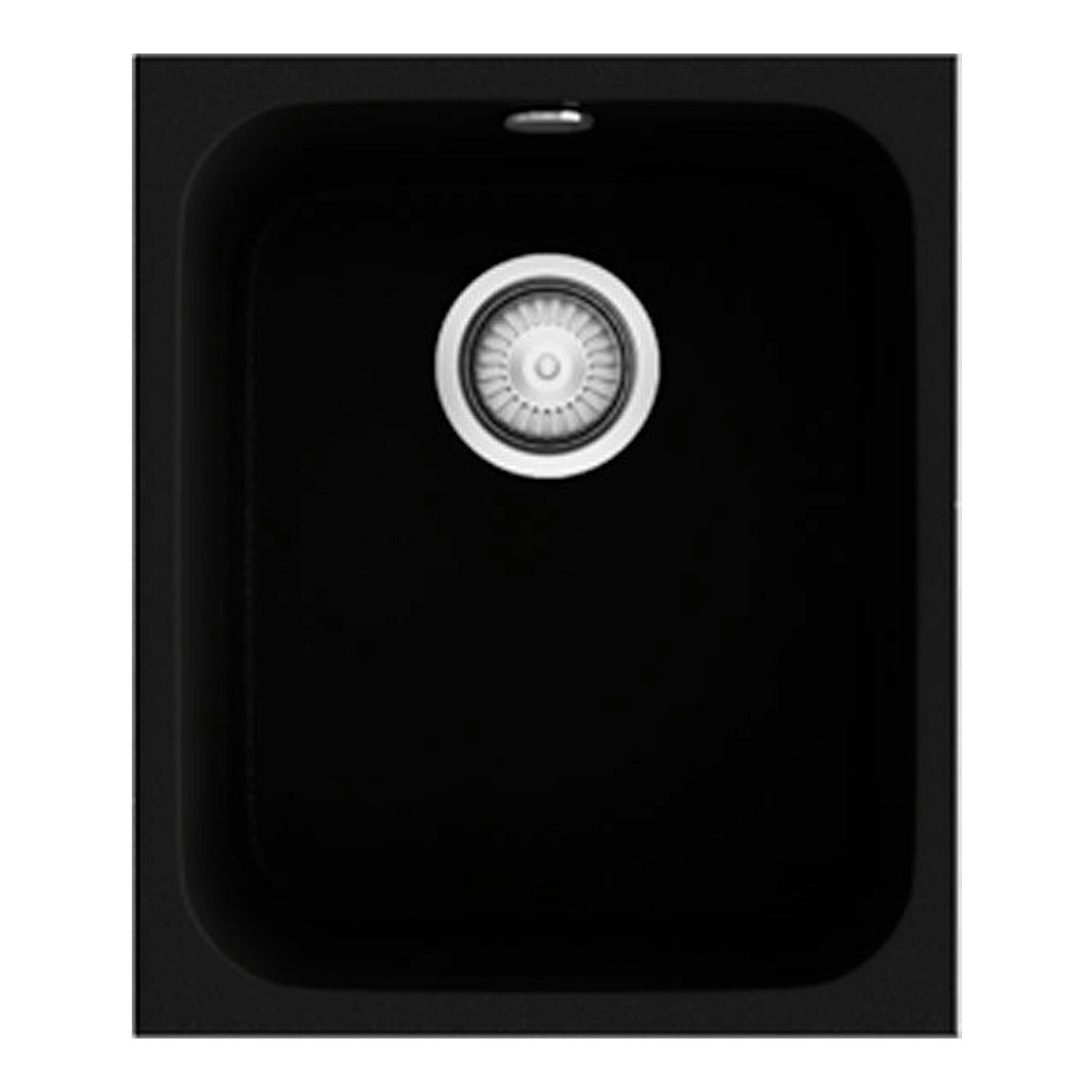 Fregadero Poalgi Gandia 35 negro mate, vista superior, con cubeta rectangular y desagüe central.