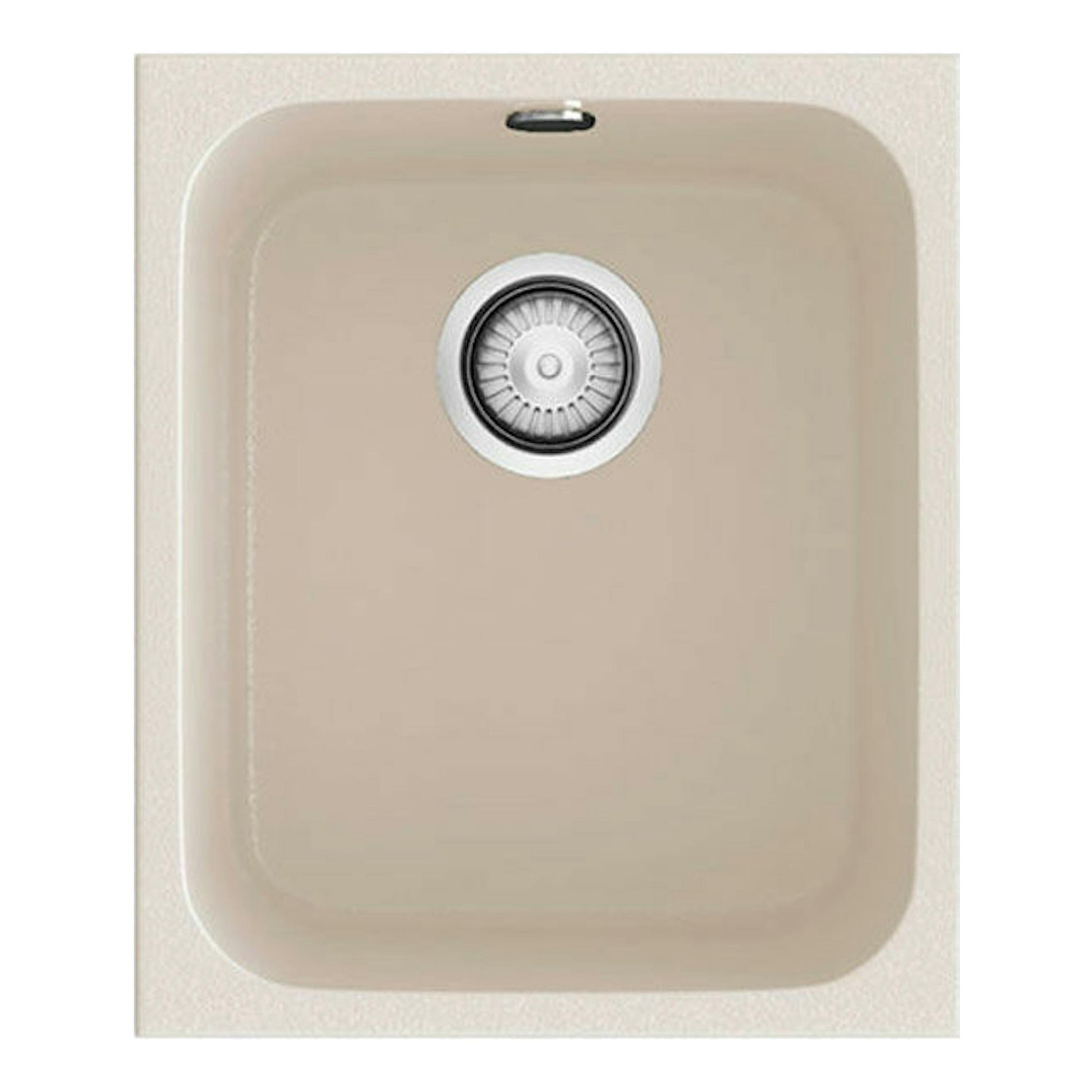 Fregadero Poalgi Gandia 35 Pergamon Brillo, vista cenital, color beige con desagüe central.
