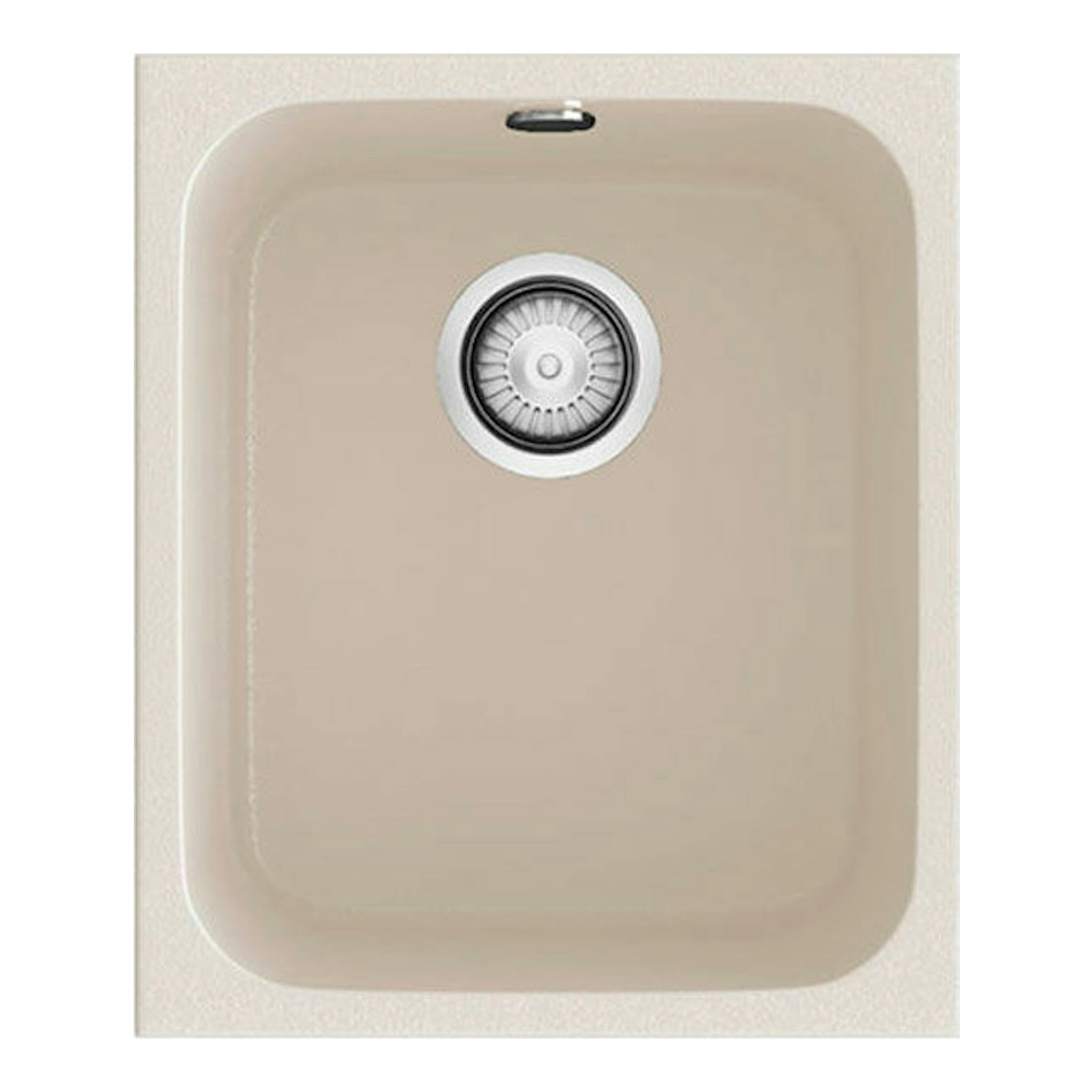 Fregadero Poalgi Gandia 35 Pergamon Brillo, vista cenital, color beige con desagüe central.