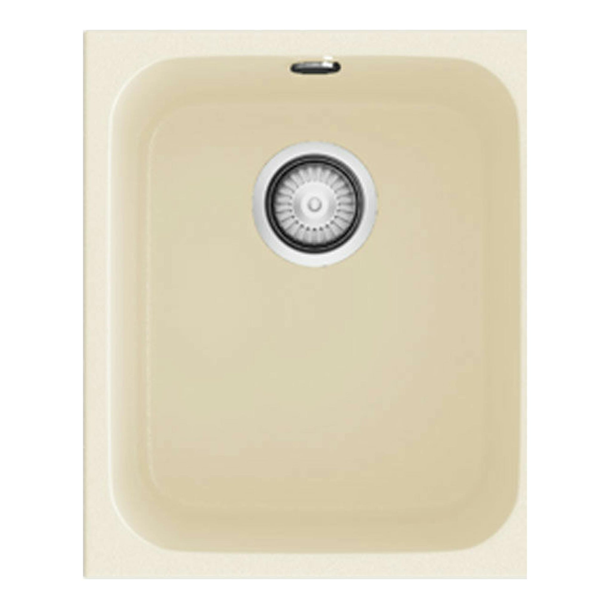 Fregadero Poalgi Gandia 35 Pergamon Mate, vista superior de cubeta rectangular beige con desagüe.