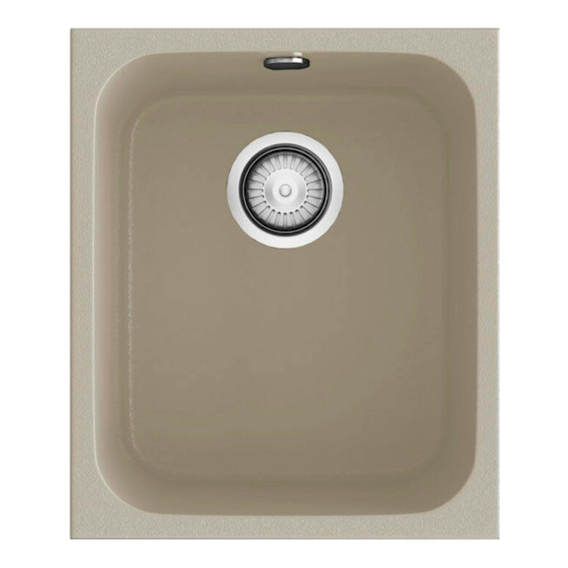 Fregadero Poalgi Gandia 35, vista superior, color beige pumice, con cubeta única y desagüe centrado.