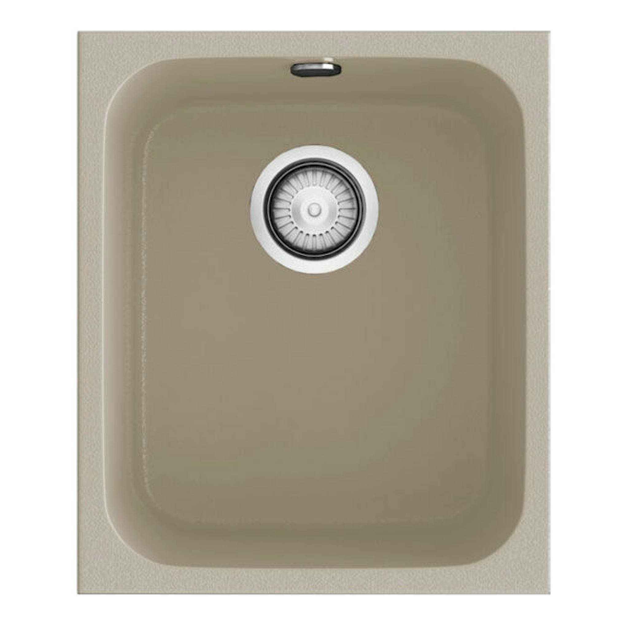 Fregadero Poalgi Gandia 35, vista superior, color beige pumice, con cubeta única y desagüe centrado.