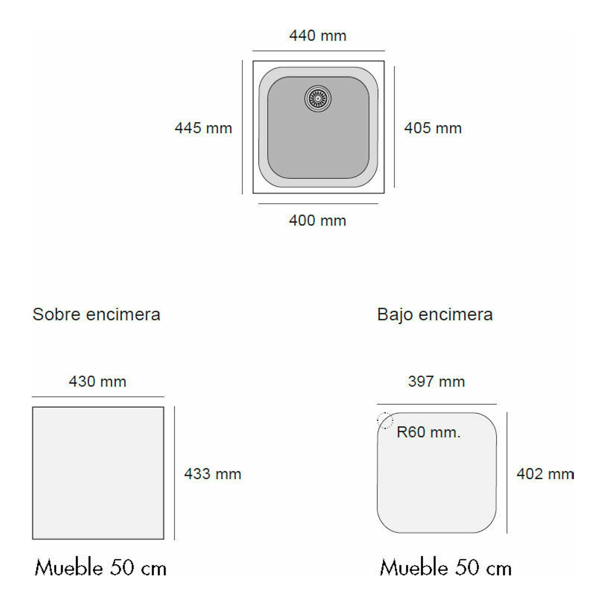 Fregadero Poalgi Gandia 40 gris, esquema técnico en vista superior con medidas y opciones sobre/bajo encimera.