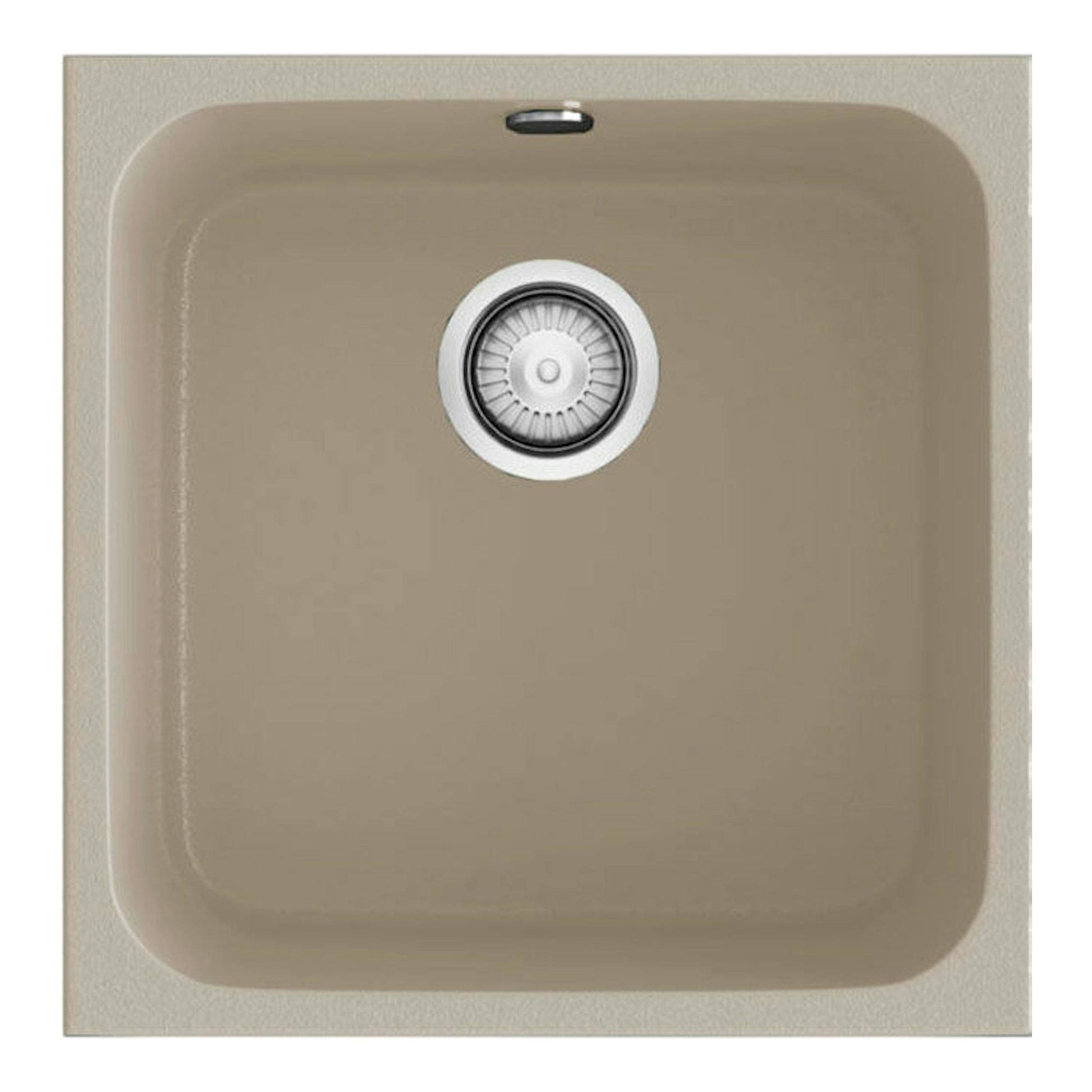 Fregadero Poalgi Gandia 40, vista cenital, color beige pumice, con desagüe centrado.