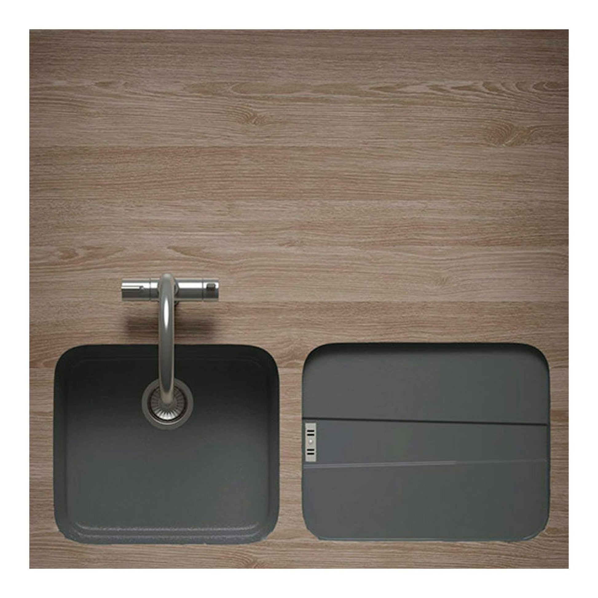 Fregadero Poalgi Gandia 50 Concret Brillo, vista cenital, negro/gris sobre encimera de madera.