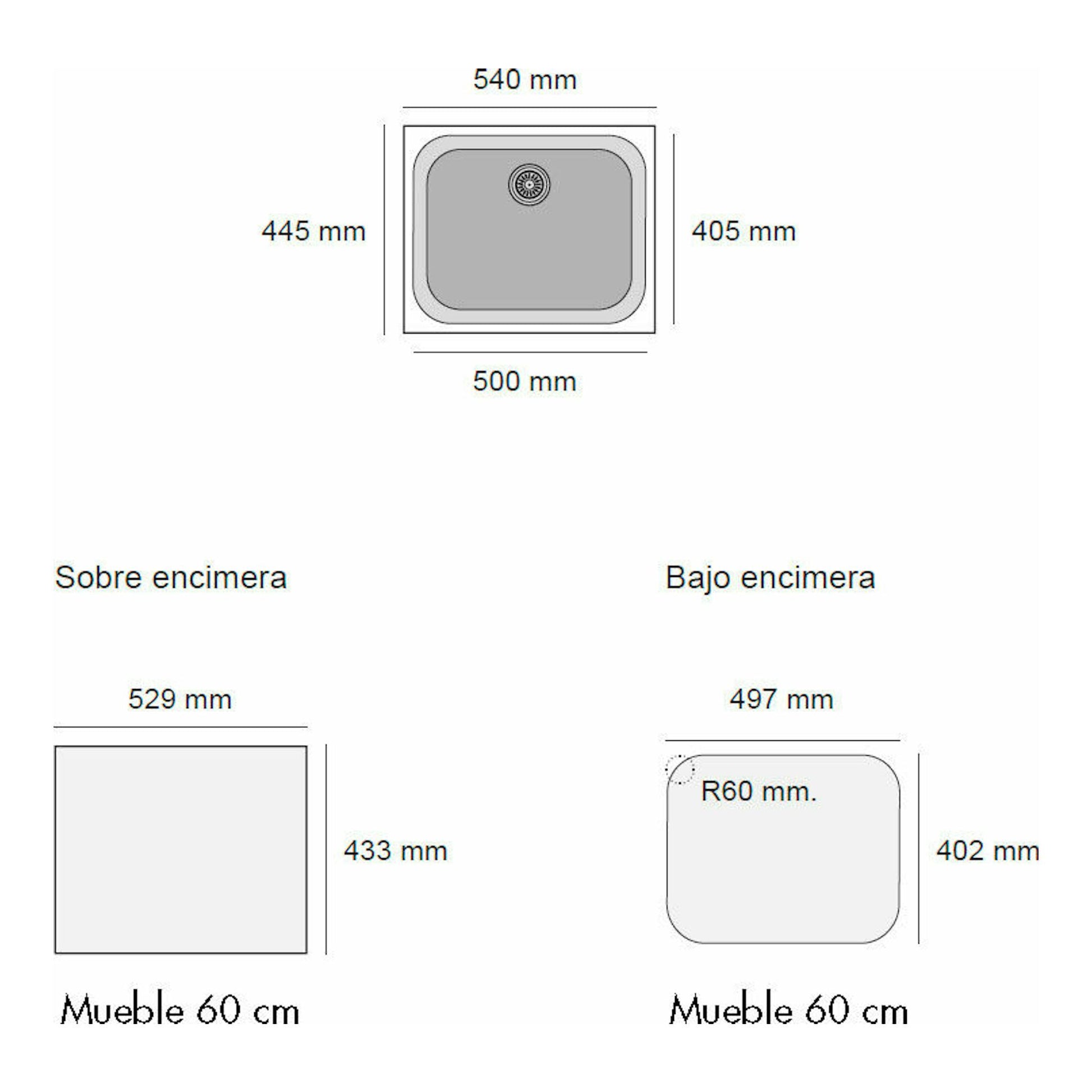 Diagrama técnico del fregadero Poalgi Gandia 50 gris, con vistas superior y de instalación.