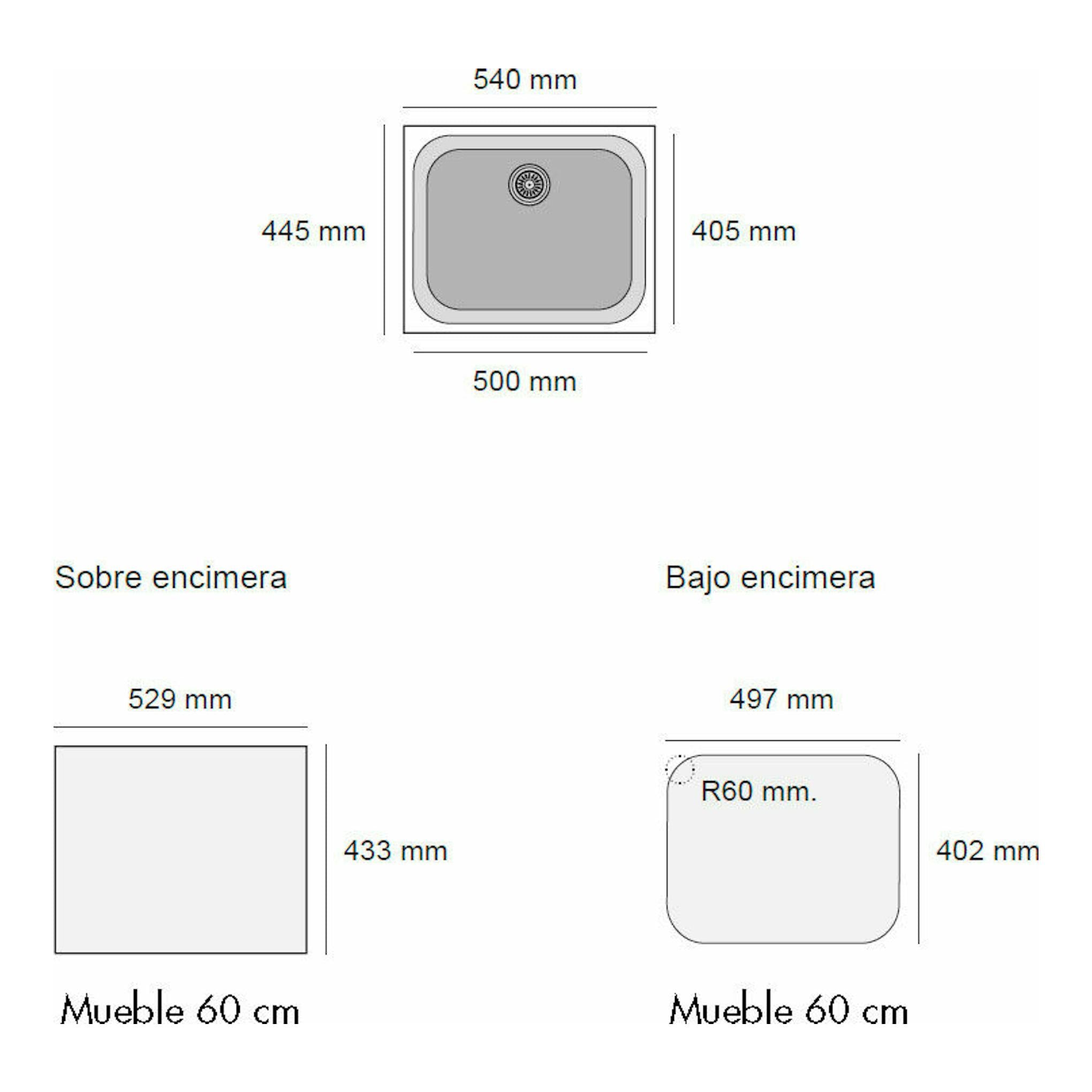 Diagrama técnico del fregadero Poalgi Gandia 50 gris, con vistas superior y de instalación.