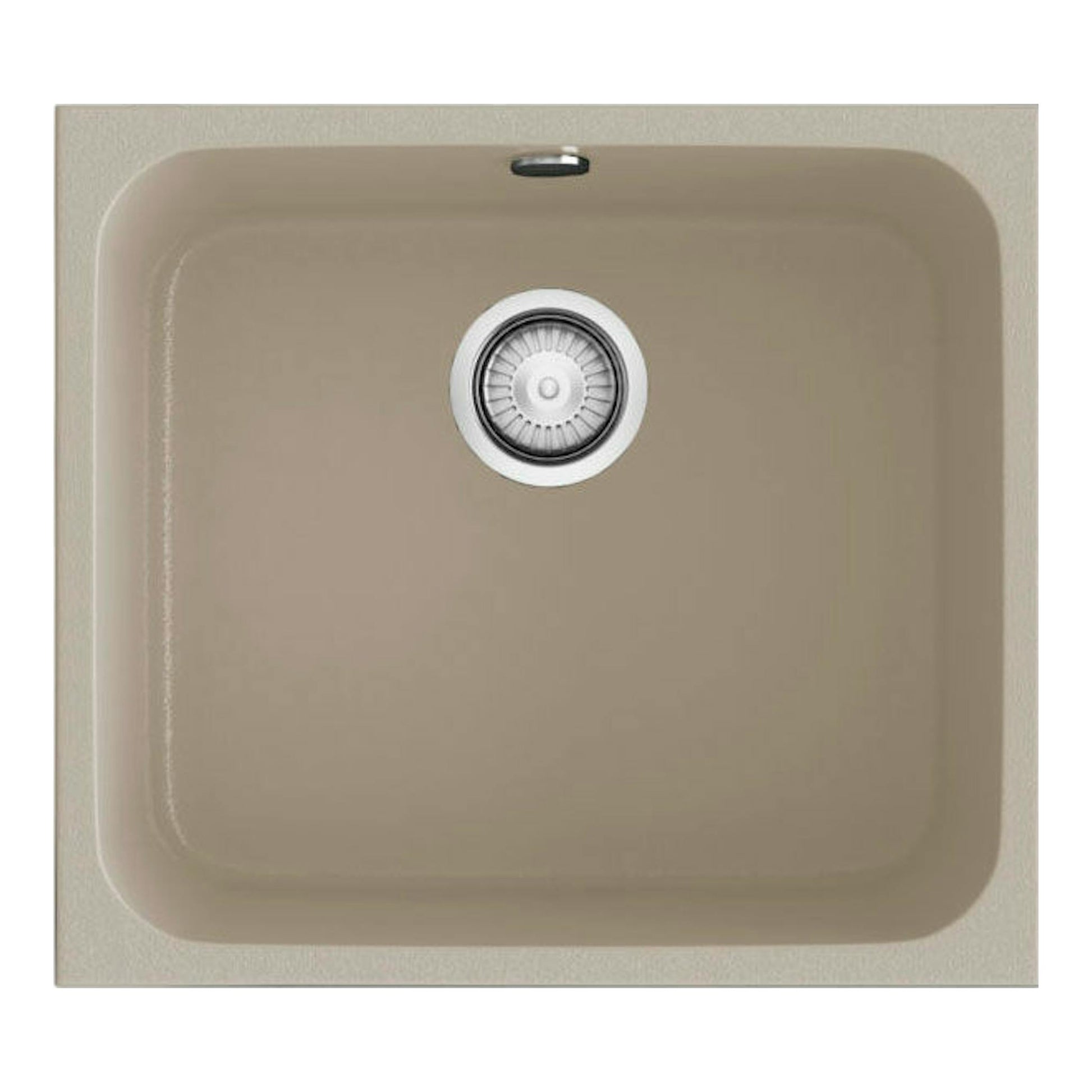 Fregadero Poalgi Gandia 50 beige pumice, vista cenital de cubeta cuadrada con desagüe centrado.