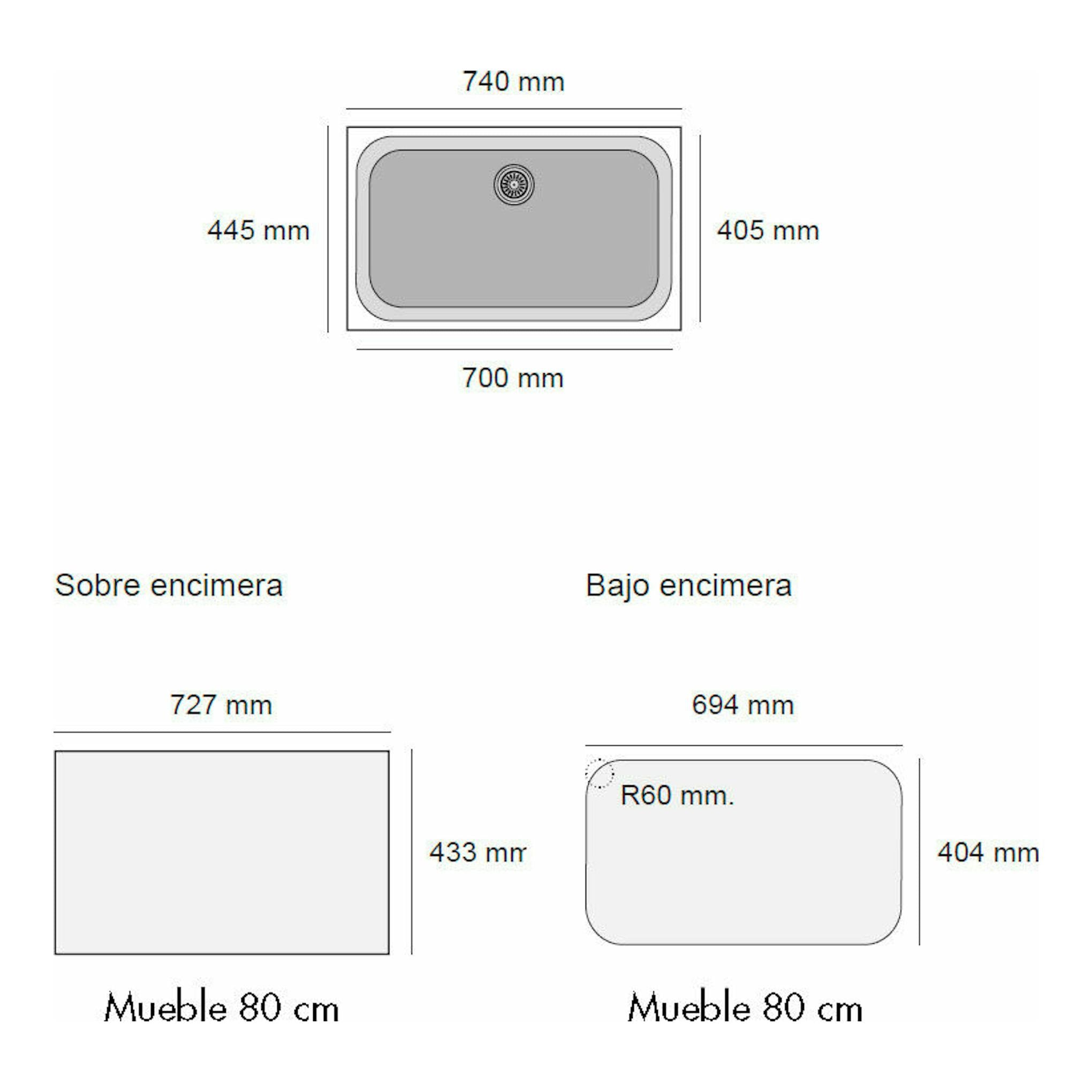 Esquema técnico del fregadero Poalgi Gandia 70 Ash Gris, vista superior, con medidas para sobre y bajo encimera.