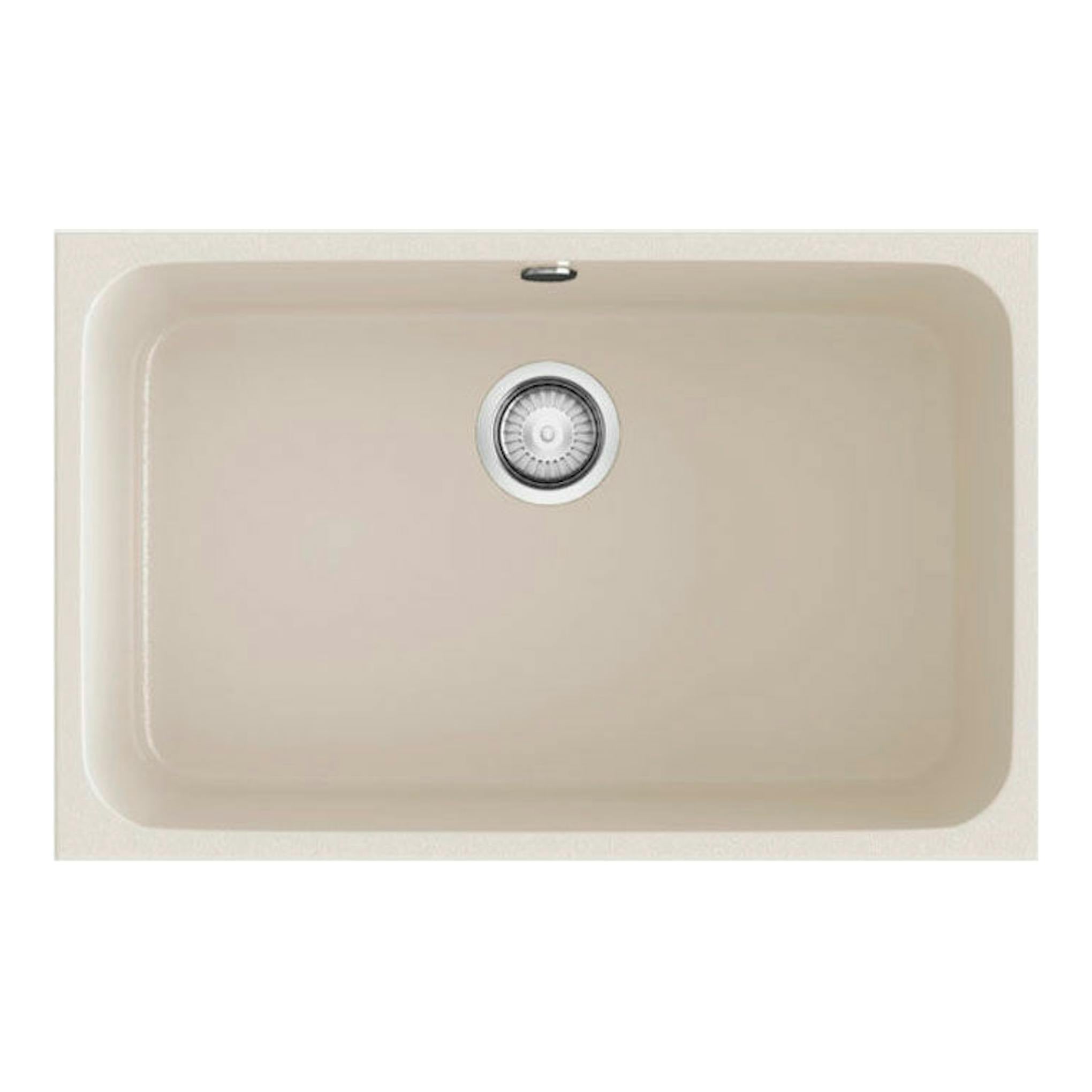 Fregadero Poalgi Gandia 70 pergamón brillo, vista cenital de cubeta rectangular beige con desagüe central.
