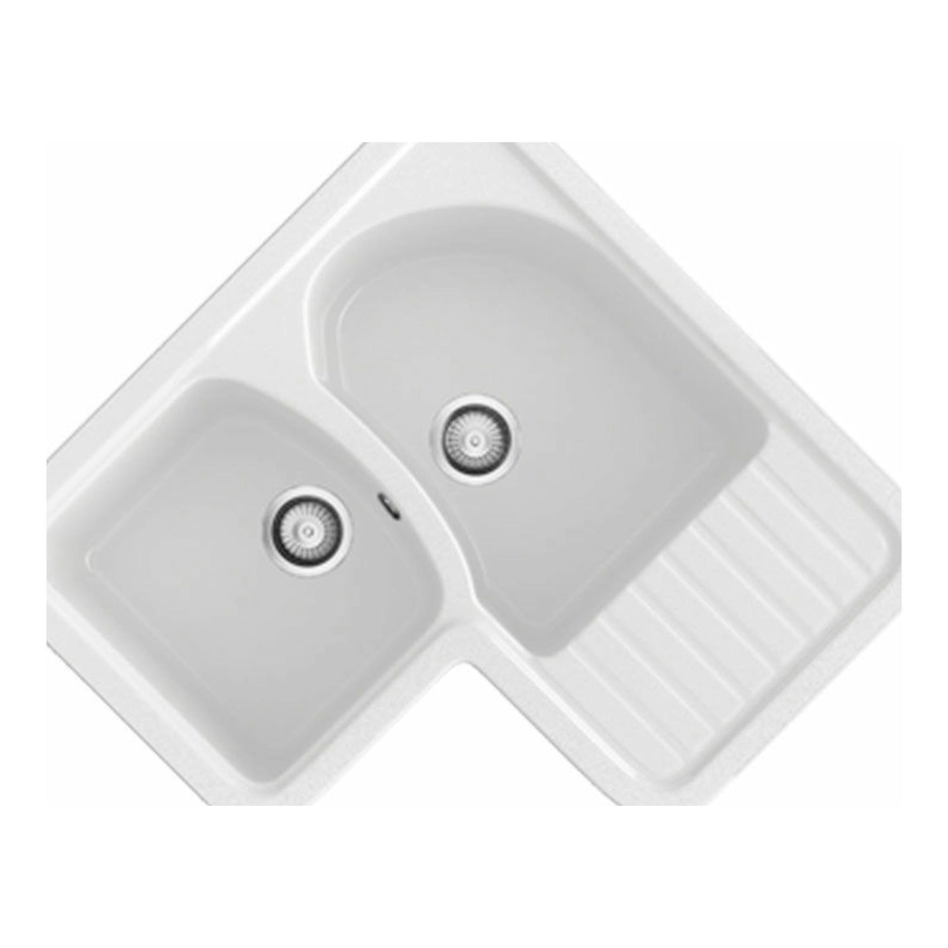 Fregadero Poalgi Jade blanco brillo, vista superior inclinada, doble seno con escurridor.