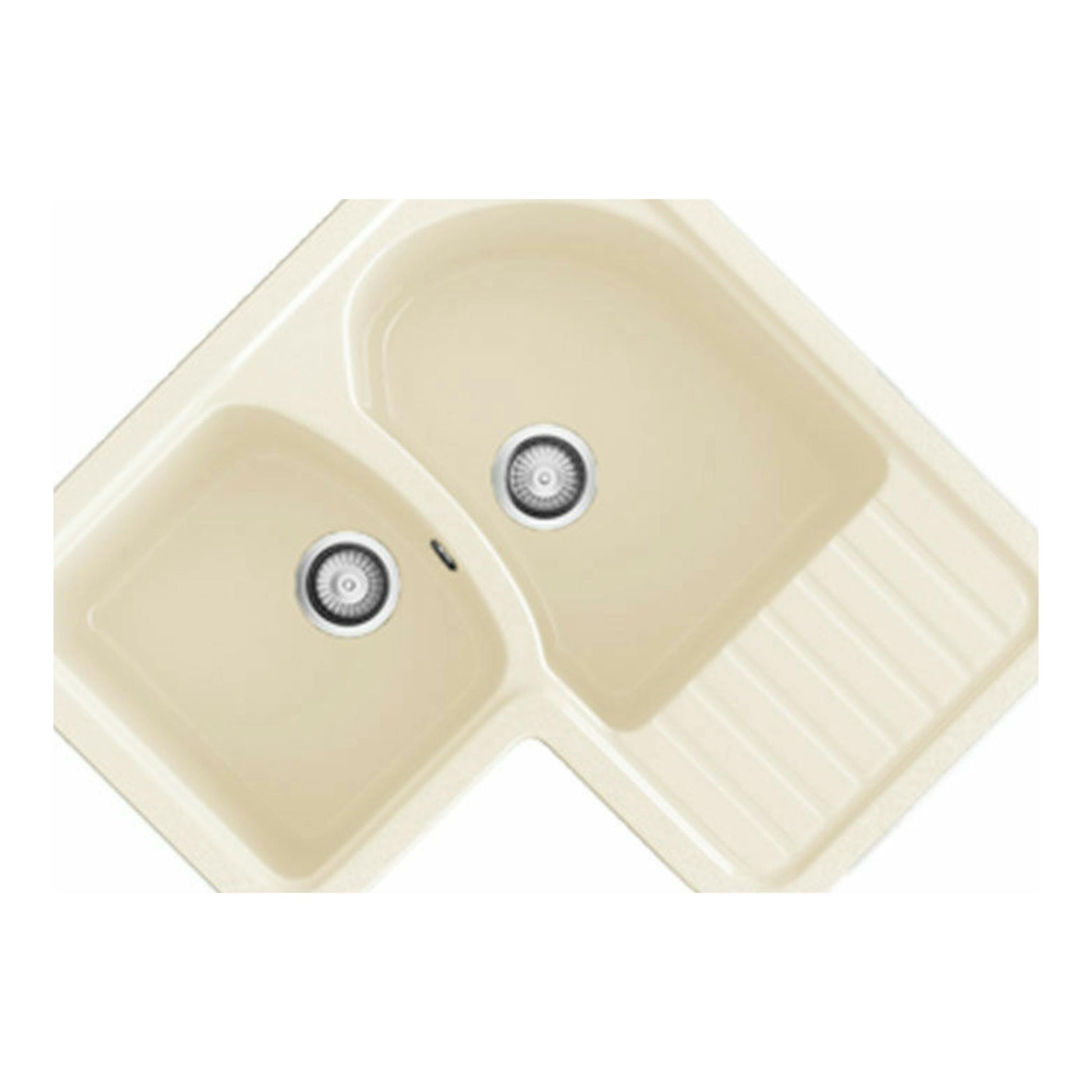 Fregadero Poalgi Jade Pergamon brillo, vista superior, color beige, doble seno con escurridor.