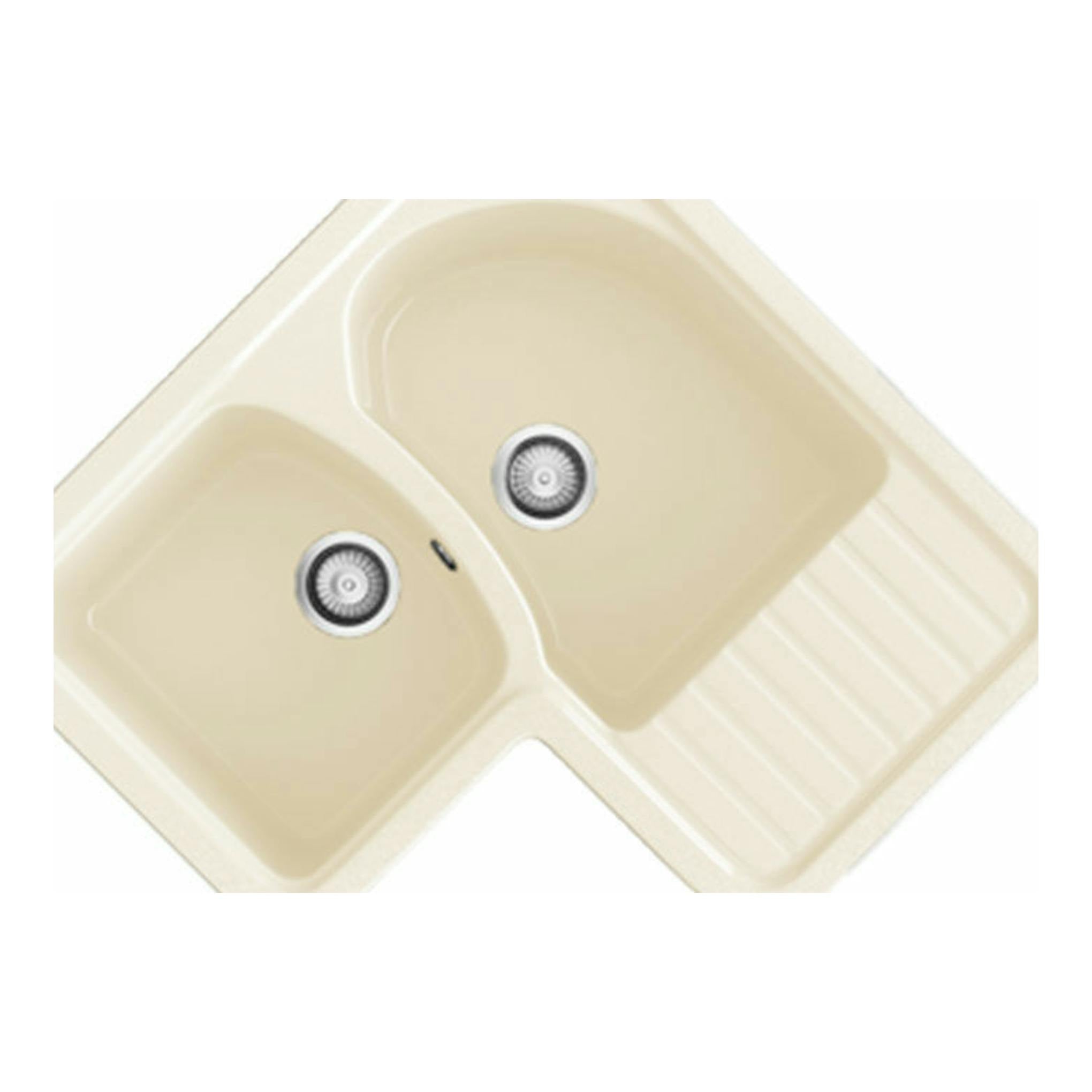 Fregadero Poalgi Jade Pergamon brillo, vista superior, color beige, doble seno con escurridor.
