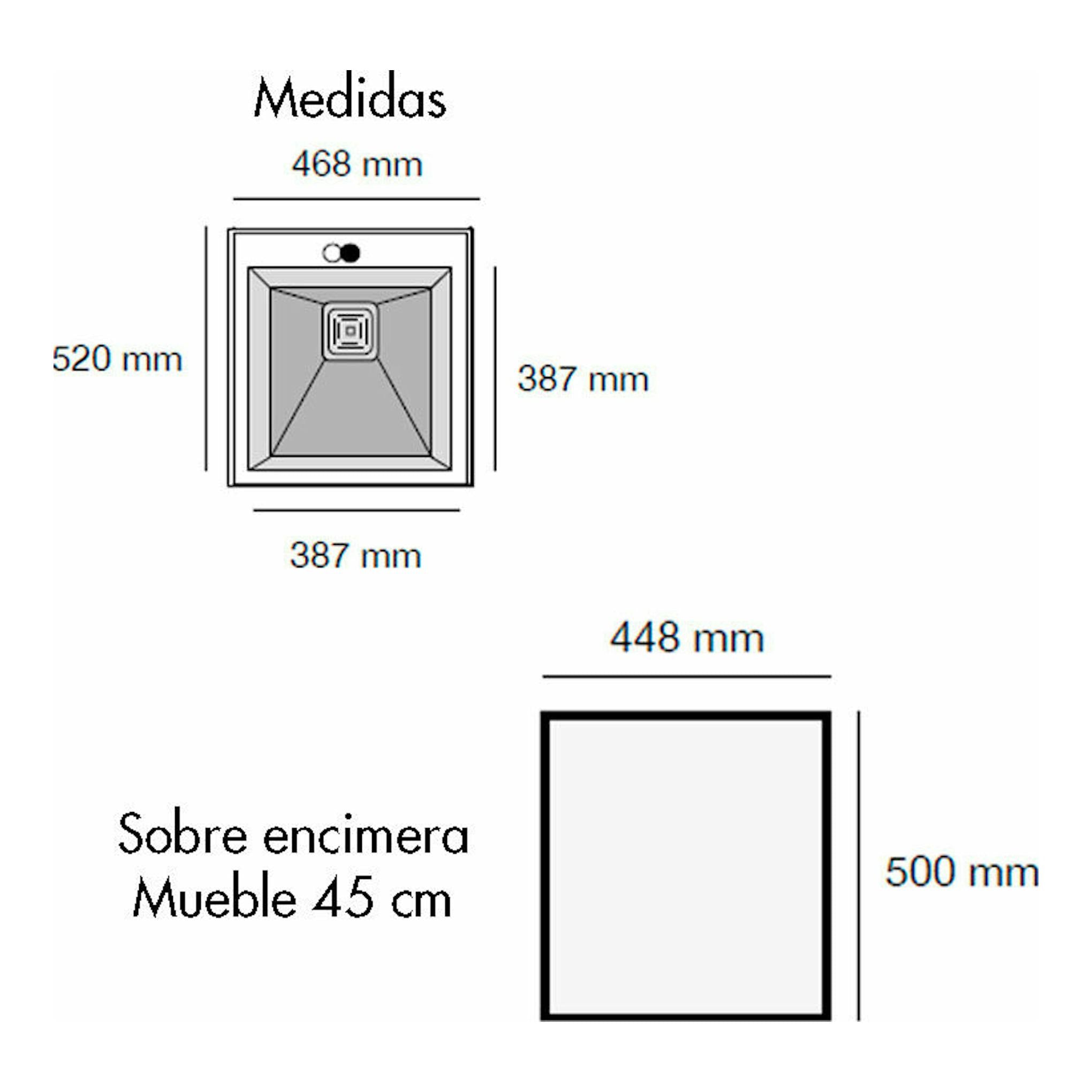 Esquema técnico del fregadero Poalgi Kobus 48 Alto gris ceniza, vista superior con medidas y hueco de encastre.