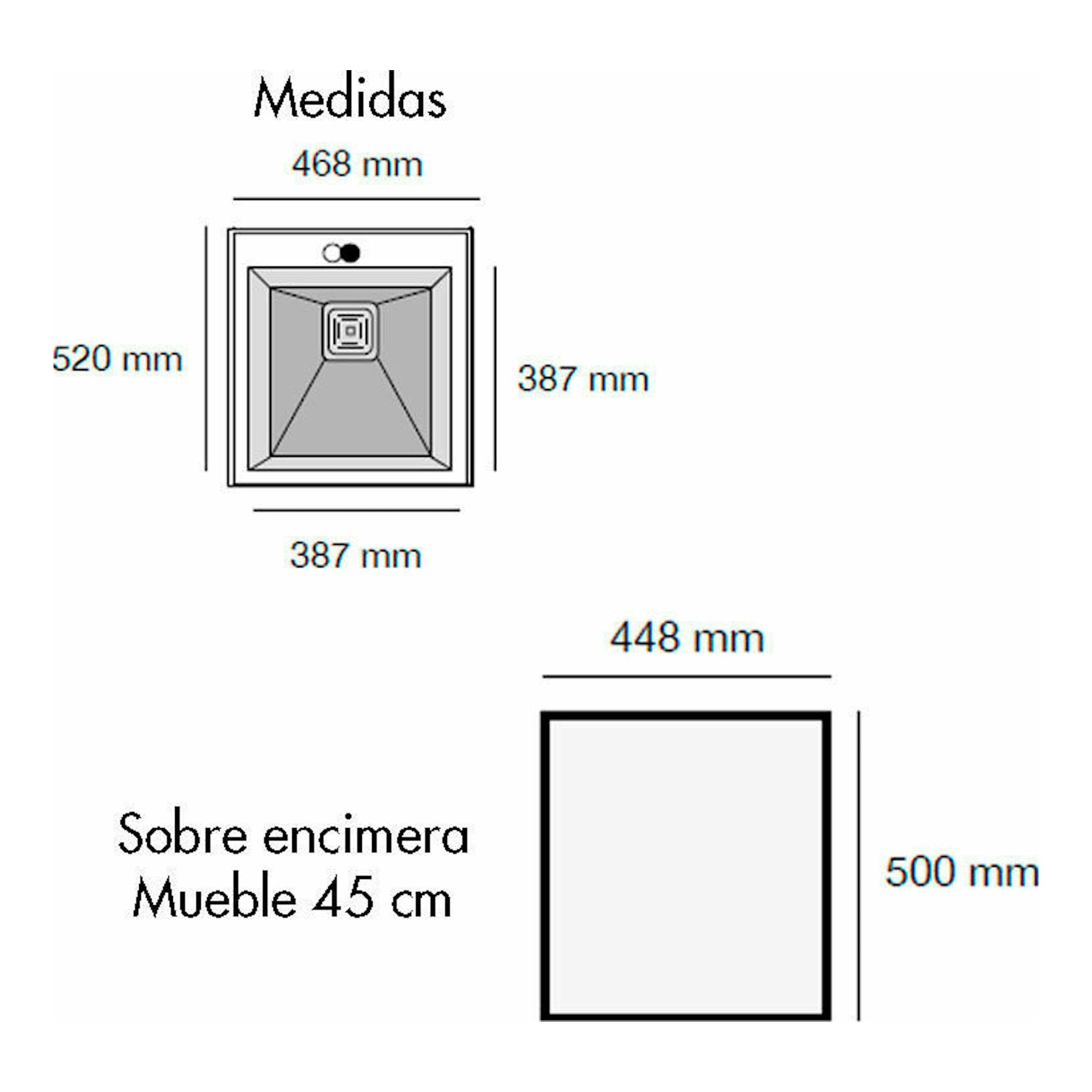 Fregadero Poalgi Kobus 48 Alto Pumice Beige, esquema técnico en vista superior y frontal con medidas.