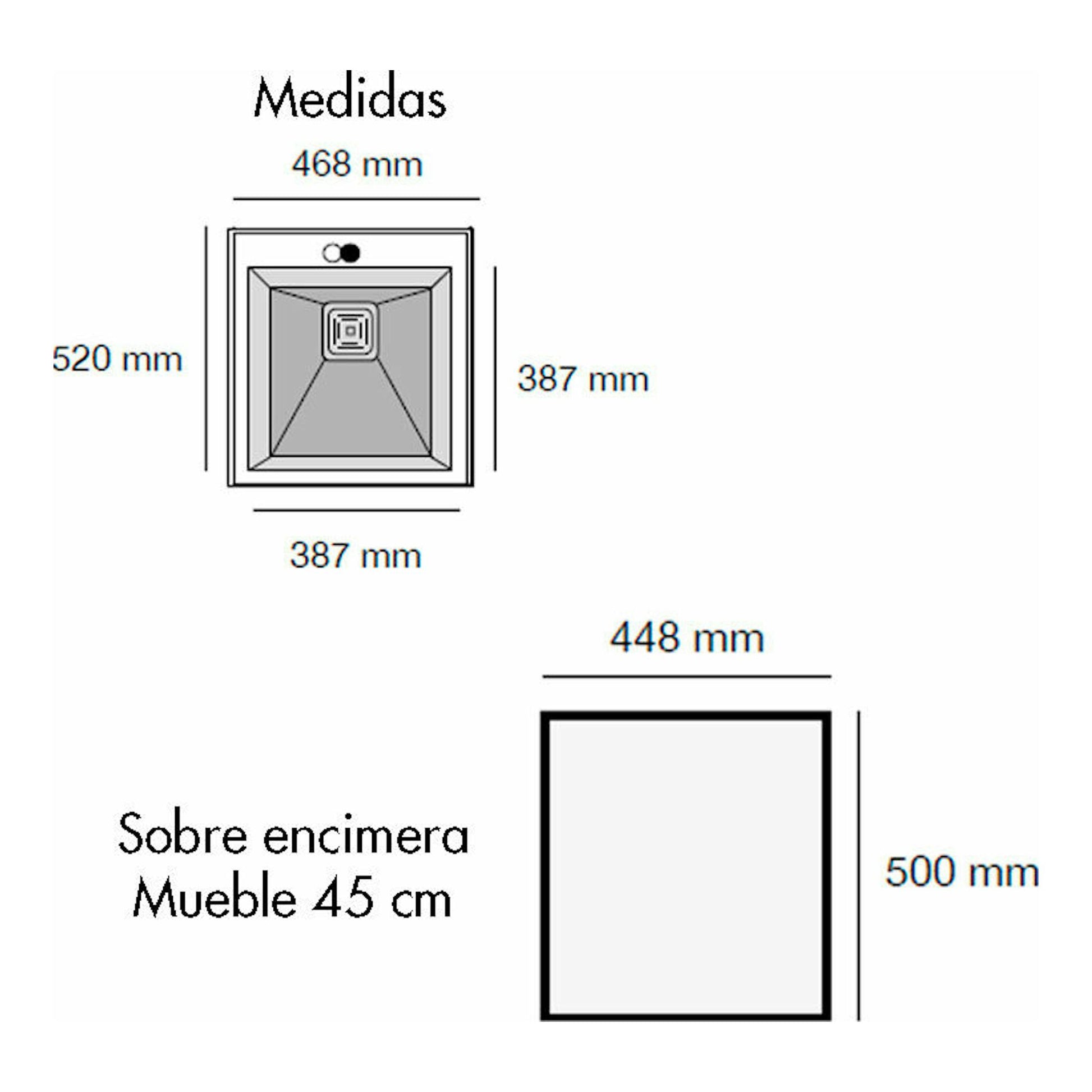 Diagrama técnico del fregadero Poalgi Kobus 48 negro basalto, vista superior y frontal con medidas.