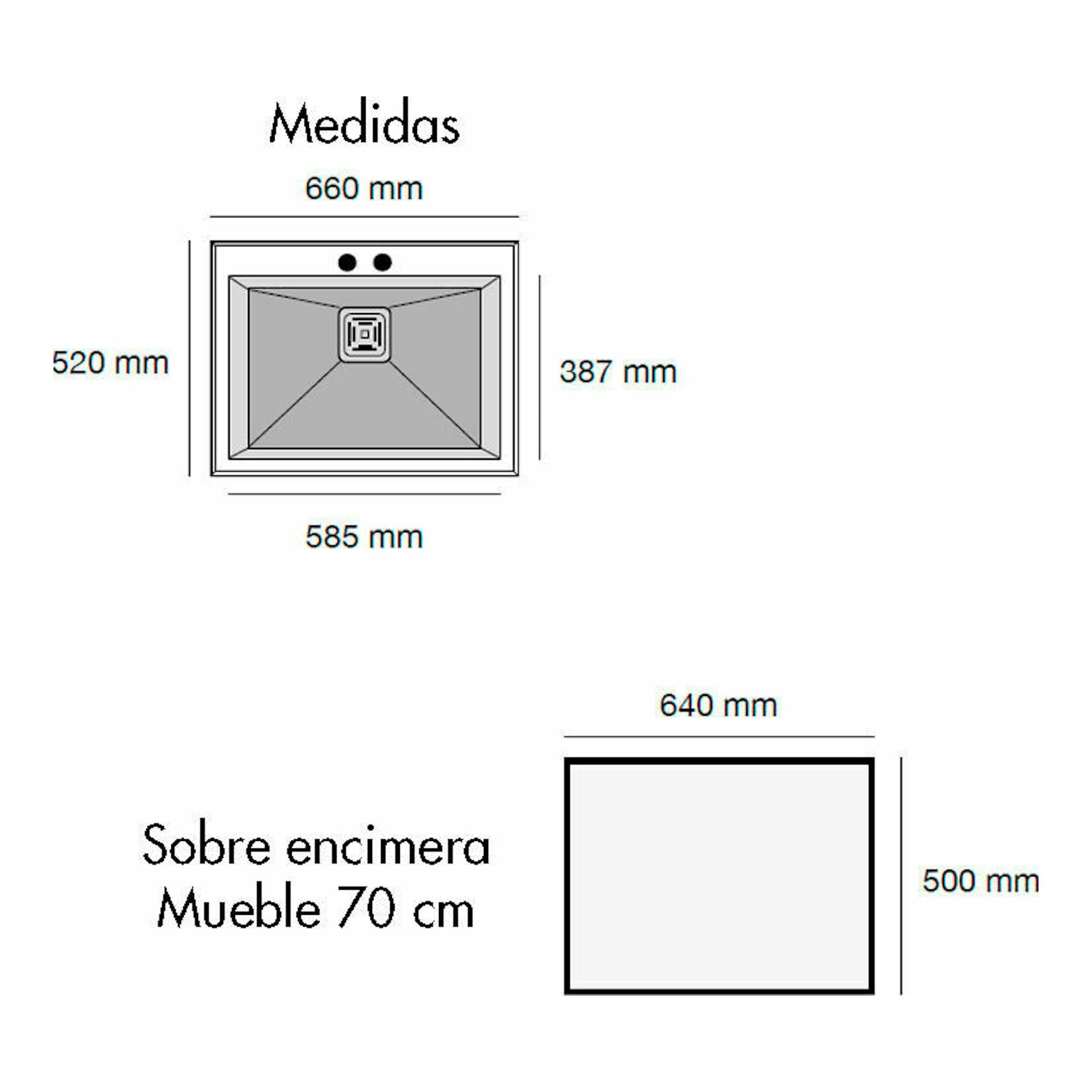 Poalgi Kobus 66 Alto, fregadero beige en vista superior con medidas y esquema de encimera.