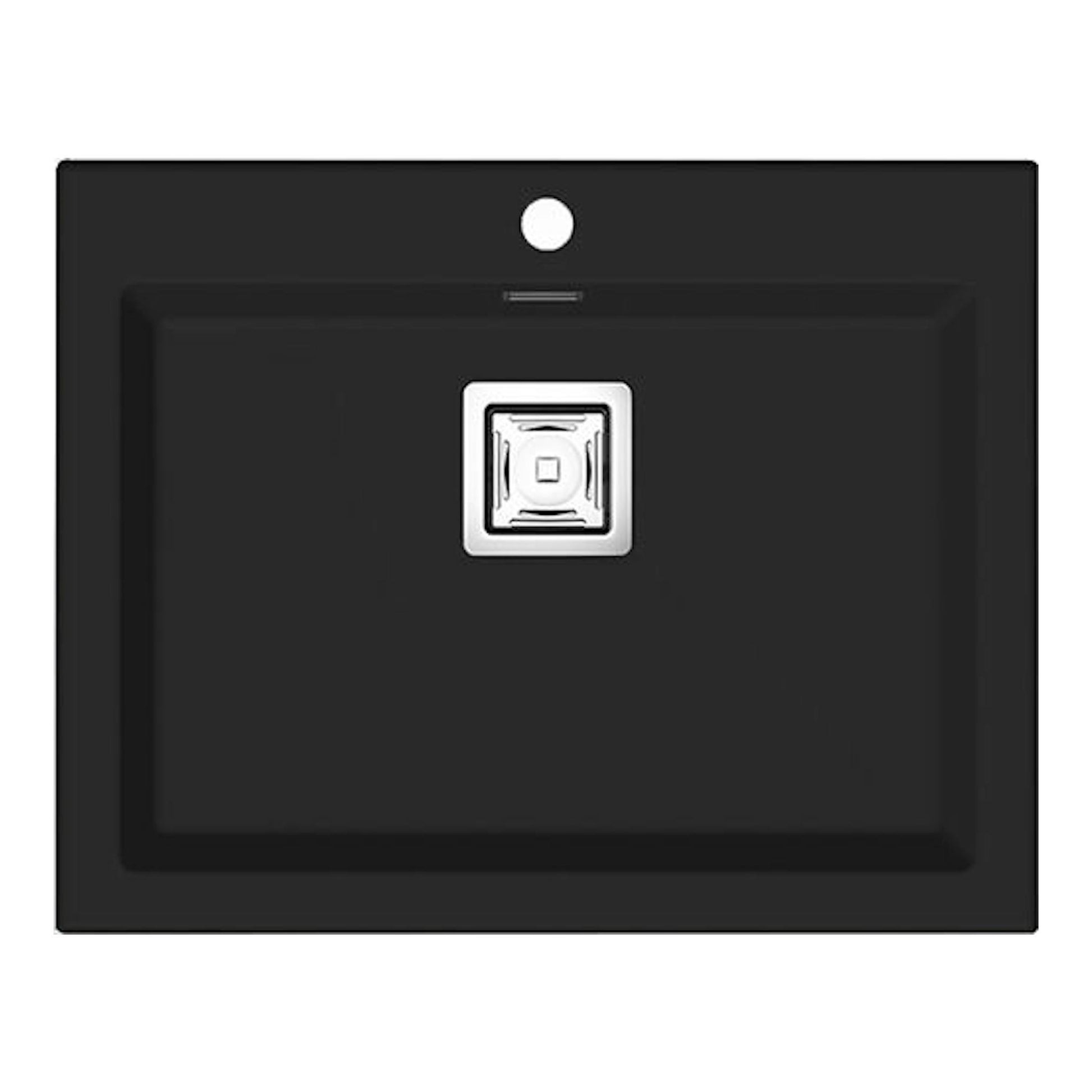 Fregadero Poalgi Kobus 66 Bajo negro basalto, vista cenital, rectangular, con desagüe y orificio para grifo.