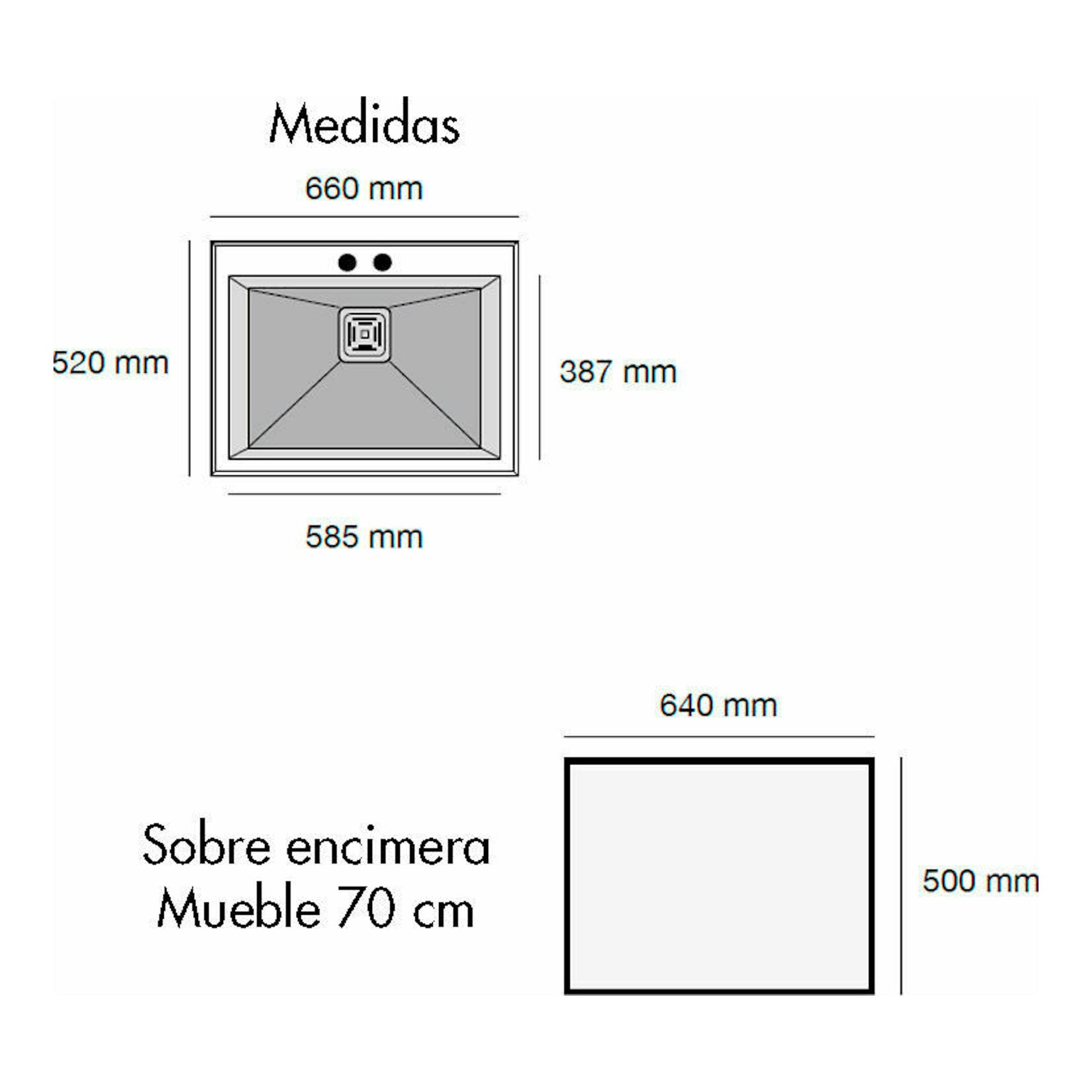 Esquema en vista superior del fregadero Poalgi Kobus 66 Bajo Pumice Beige, 660x520 mm, para mueble de 70 cm.