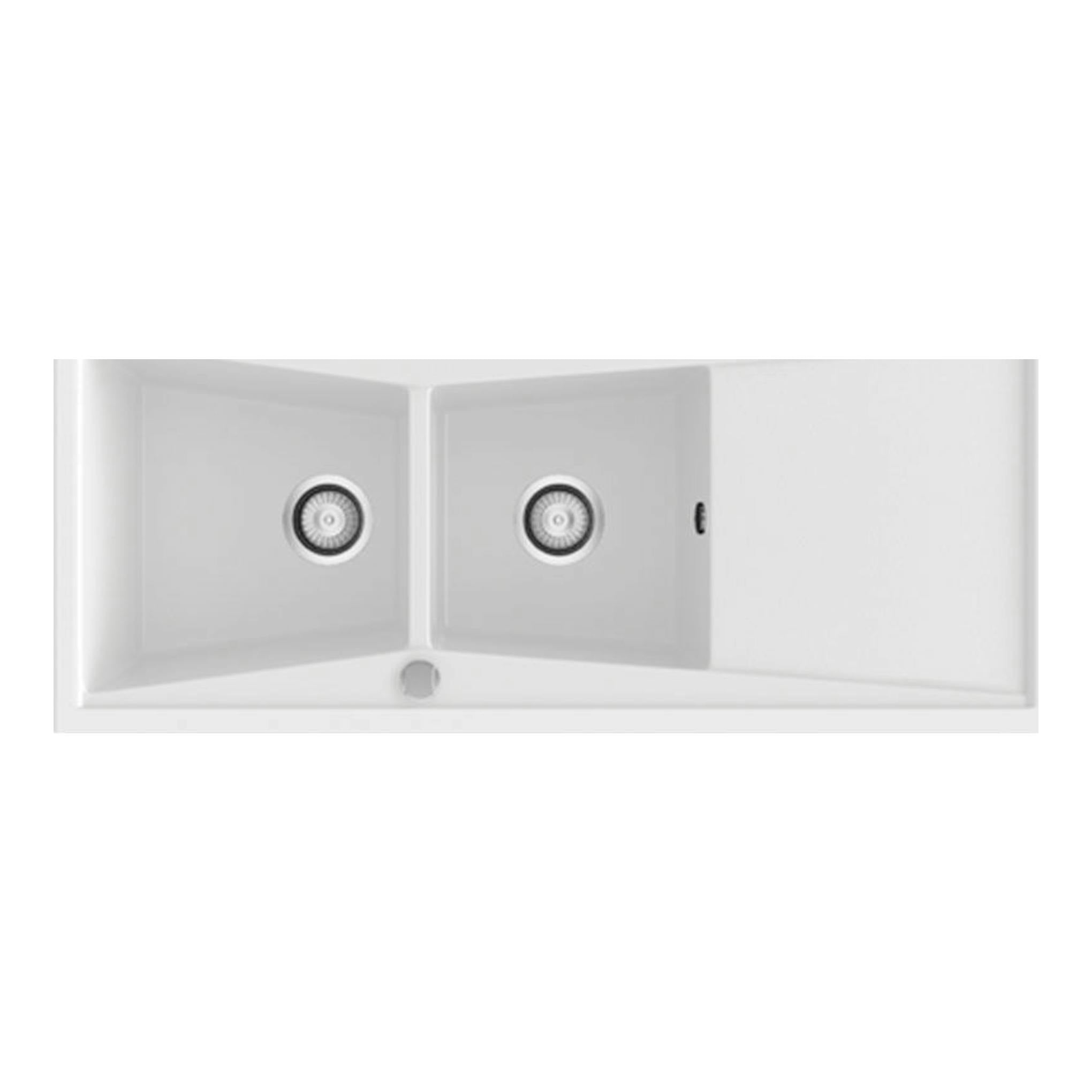 Fregadero Poalgi Kuma 120 2C+E blanco brillo, vista superior con dos senos y escurridor a la derecha.