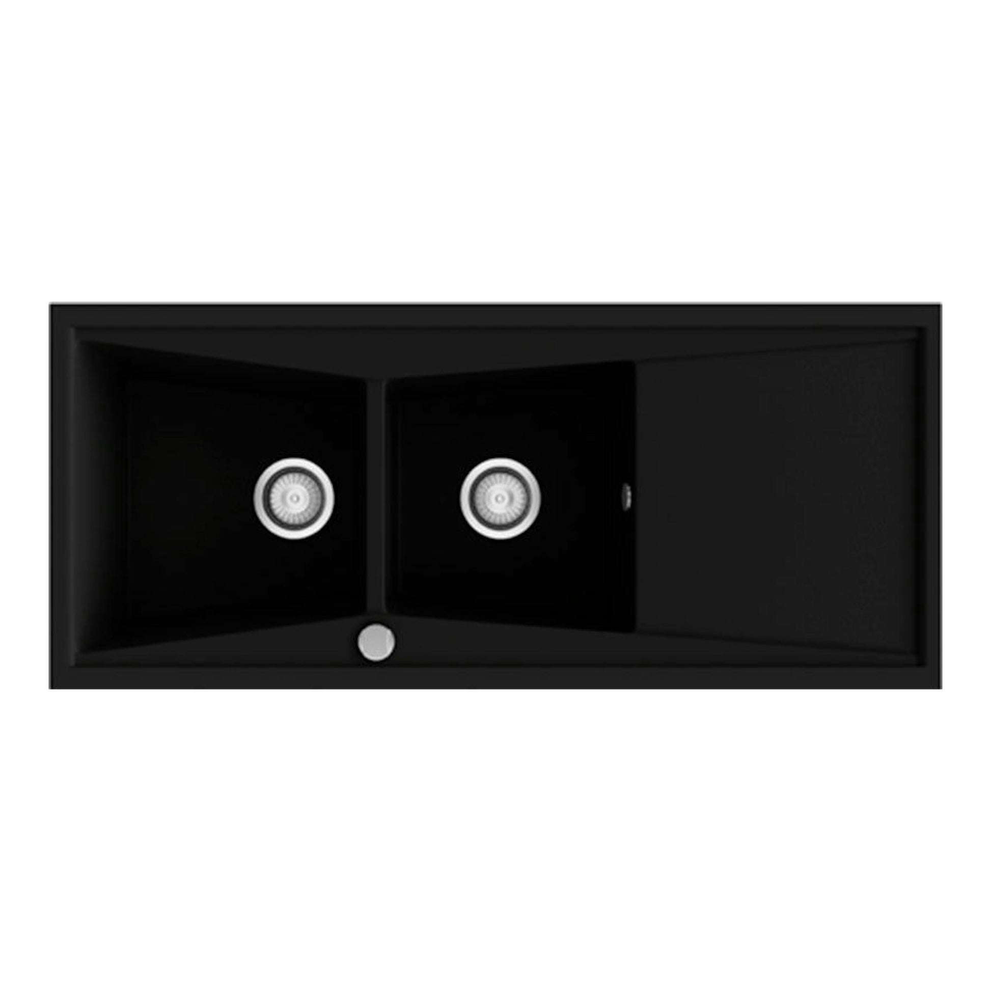 Fregadero Poalgi Kuma 120 2C+E negro brillo, vista cenital, doble cubeta y escurridor.