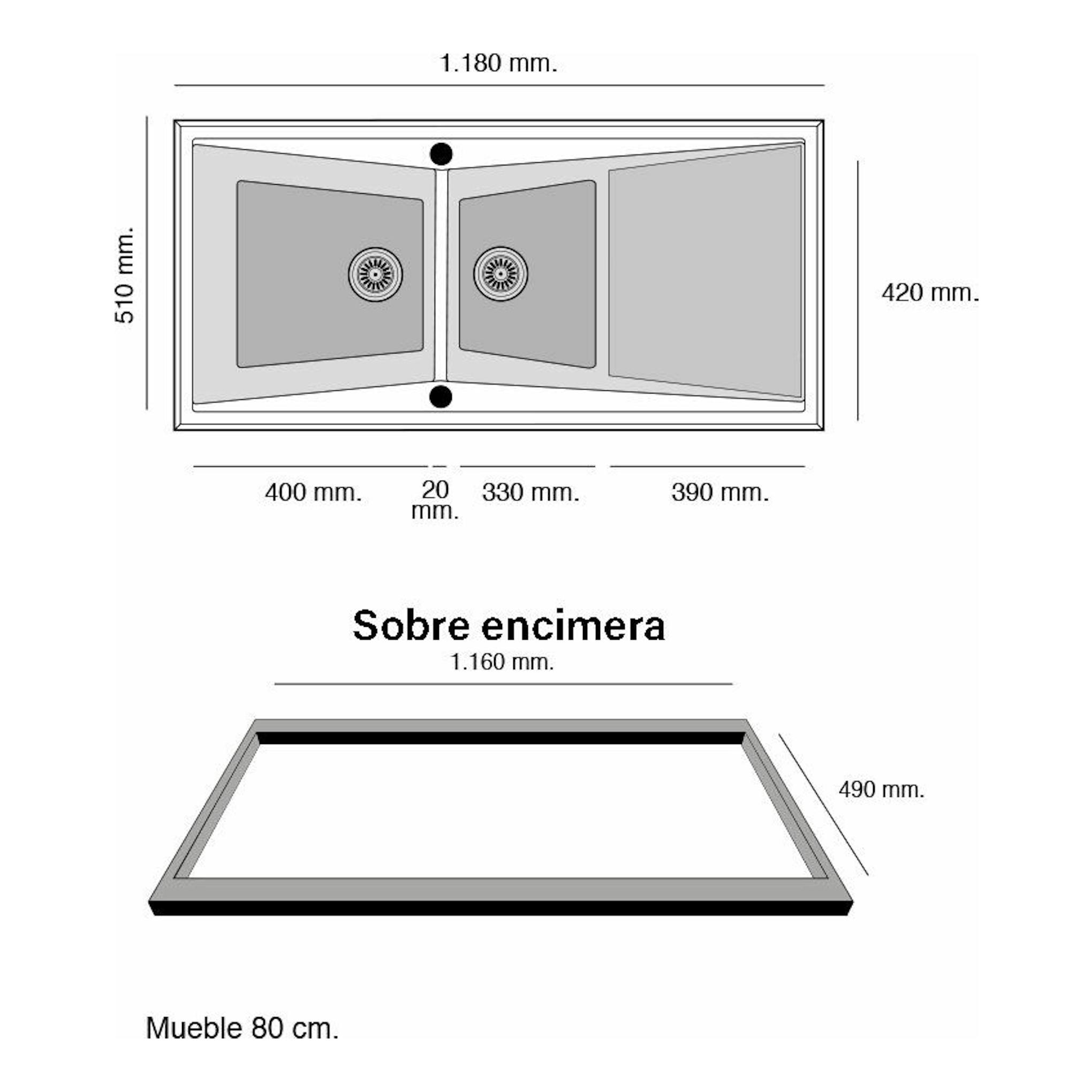 Fregadero Poalgi Kuma 120 2C+E Pergamon Brillo, vista superior y lateral, doble seno sobre encimera, 1180 x 510 mm.