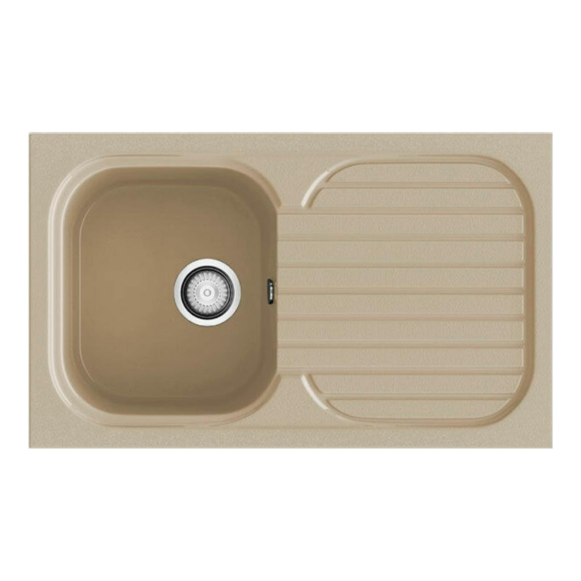 Fregadero Poalgi Olivino Albero Brillo beige, vista superior, con cubeta izquierda y escurridor derecho.