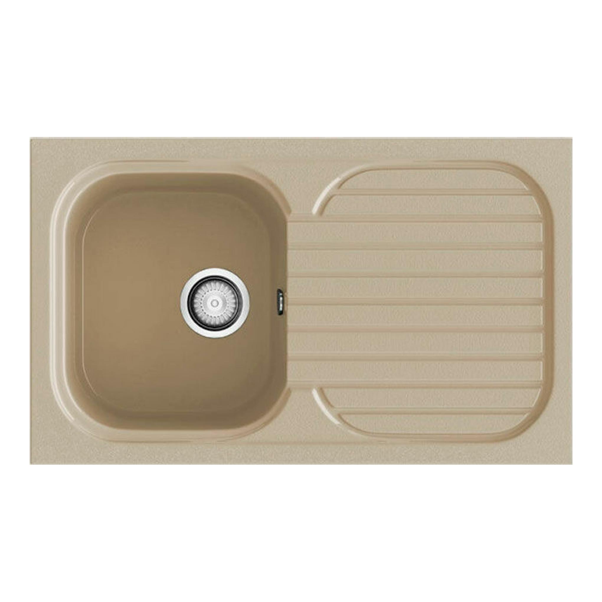 Fregadero Poalgi Olivino Albero Brillo beige, vista superior, con cubeta izquierda y escurridor derecho.