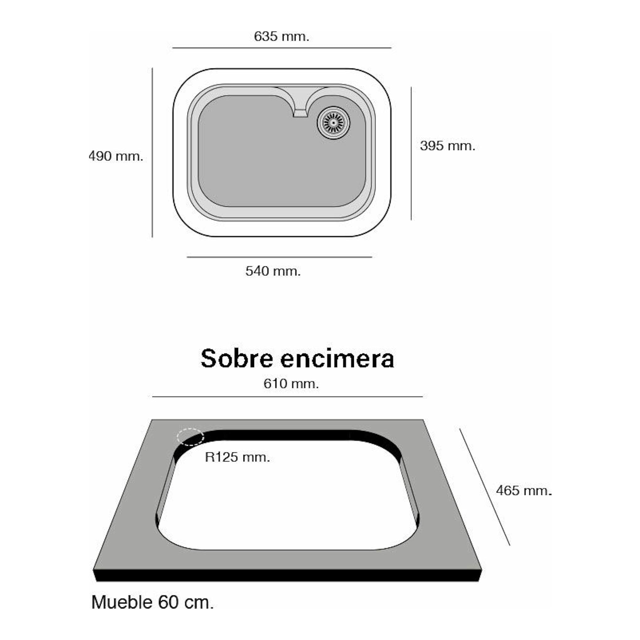 Esquema técnico del fregadero Poalgi Rubi Albero Brillo, vista superior y sobre encimera, gris, con medidas.