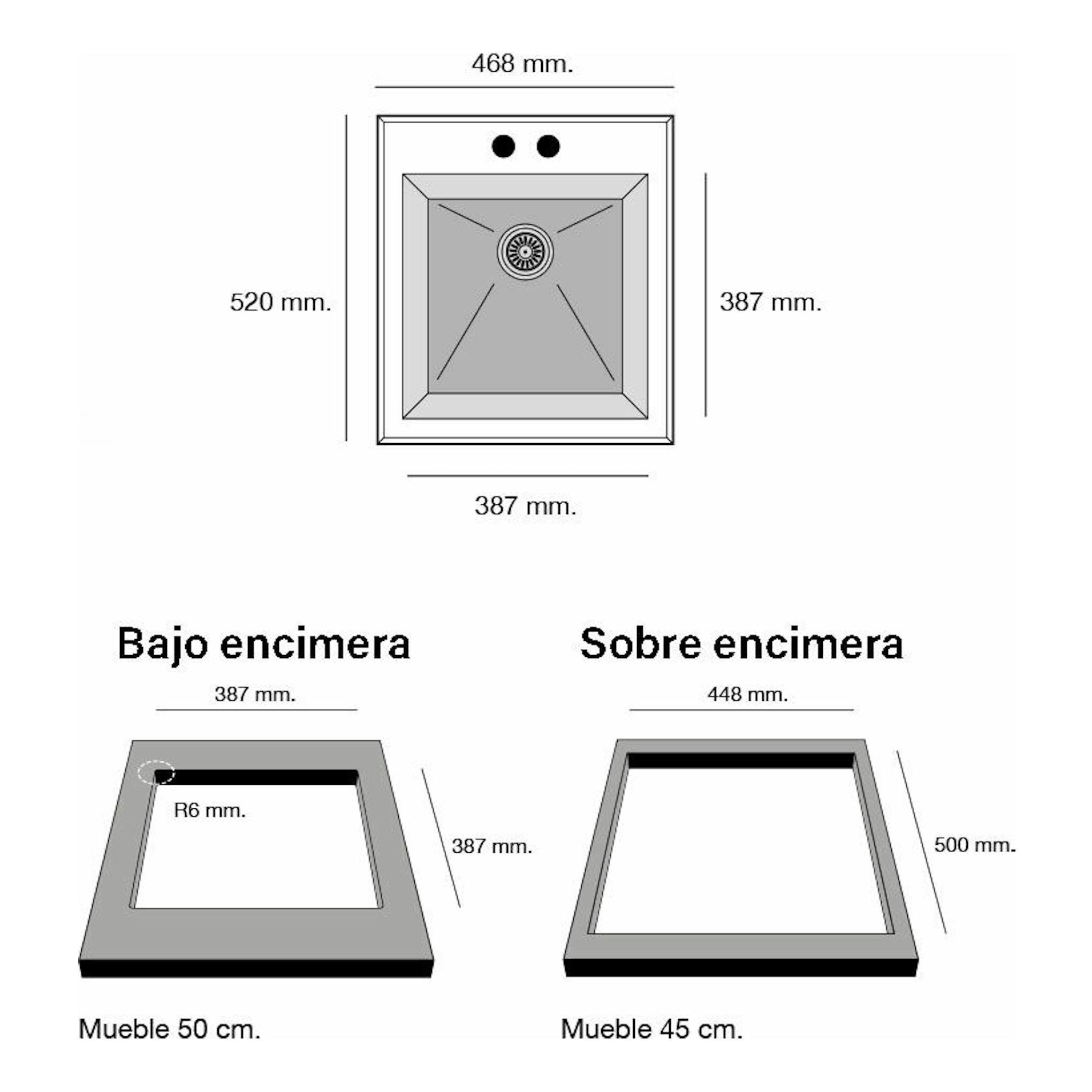 Diagrama técnico del fregadero Poalgi Shira 48 Concret Brillo, vista superior y dos secciones, en gris.