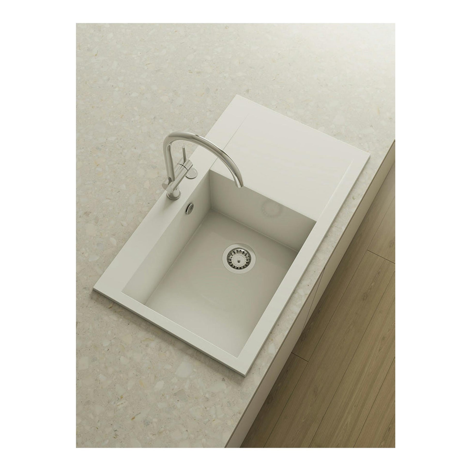 Fregadero Poalgi Shira 503 Esc. Dcha. blanco, vista cenital oblicua con grifo curvo.