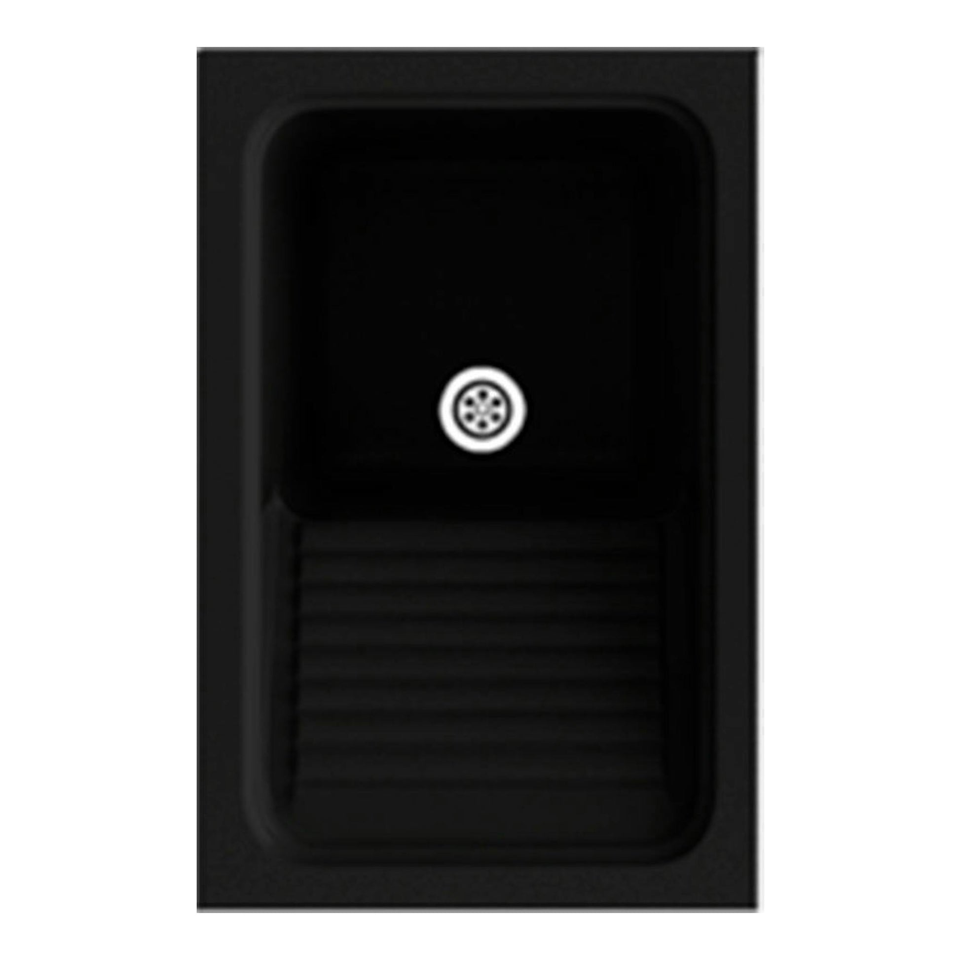 Fregadero Poalgi Silex negro brillante, vista frontal, cubeta rectangular con escurridor y desagüe central.