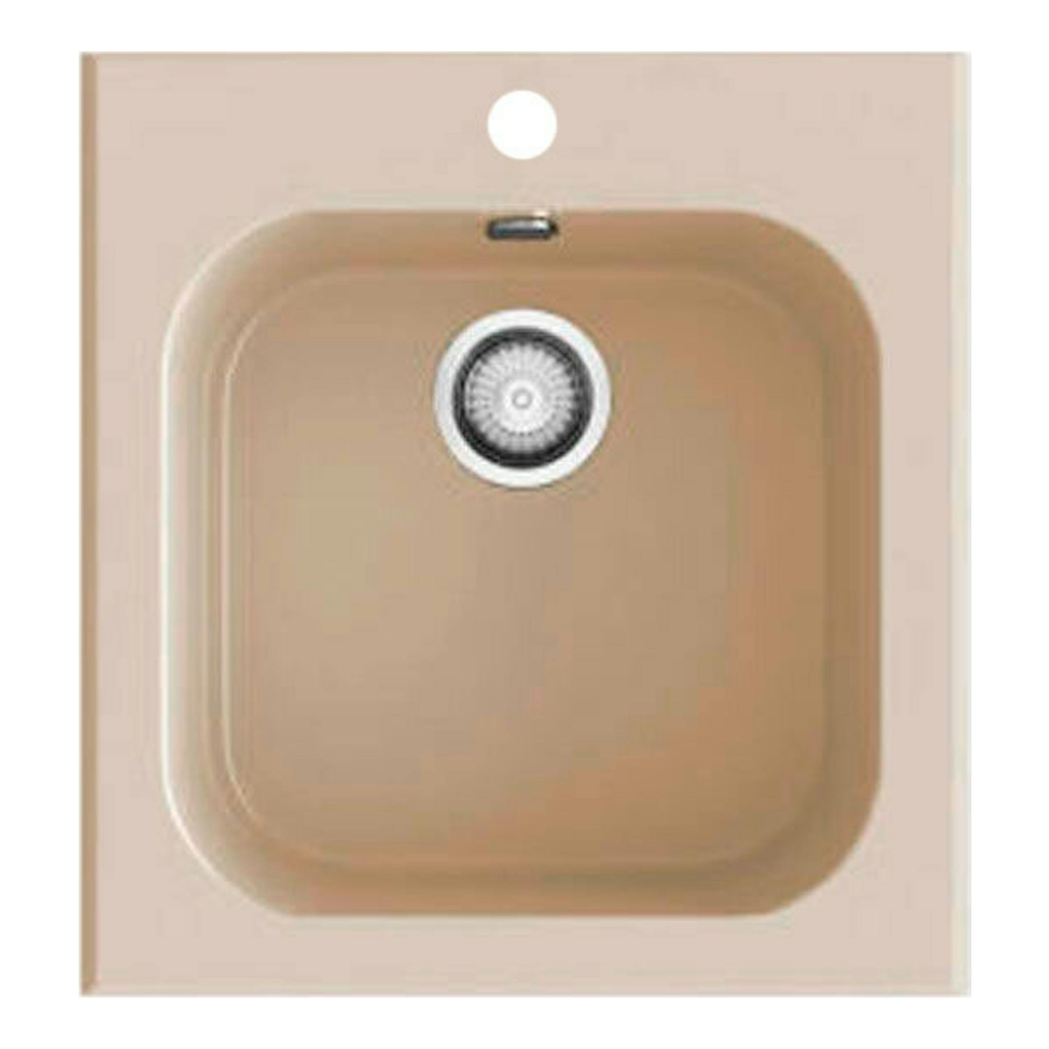 Fregadero Poalgi Toba Albero beige, vista frontal cenital, con cubeta cuadrada y desagüe central.