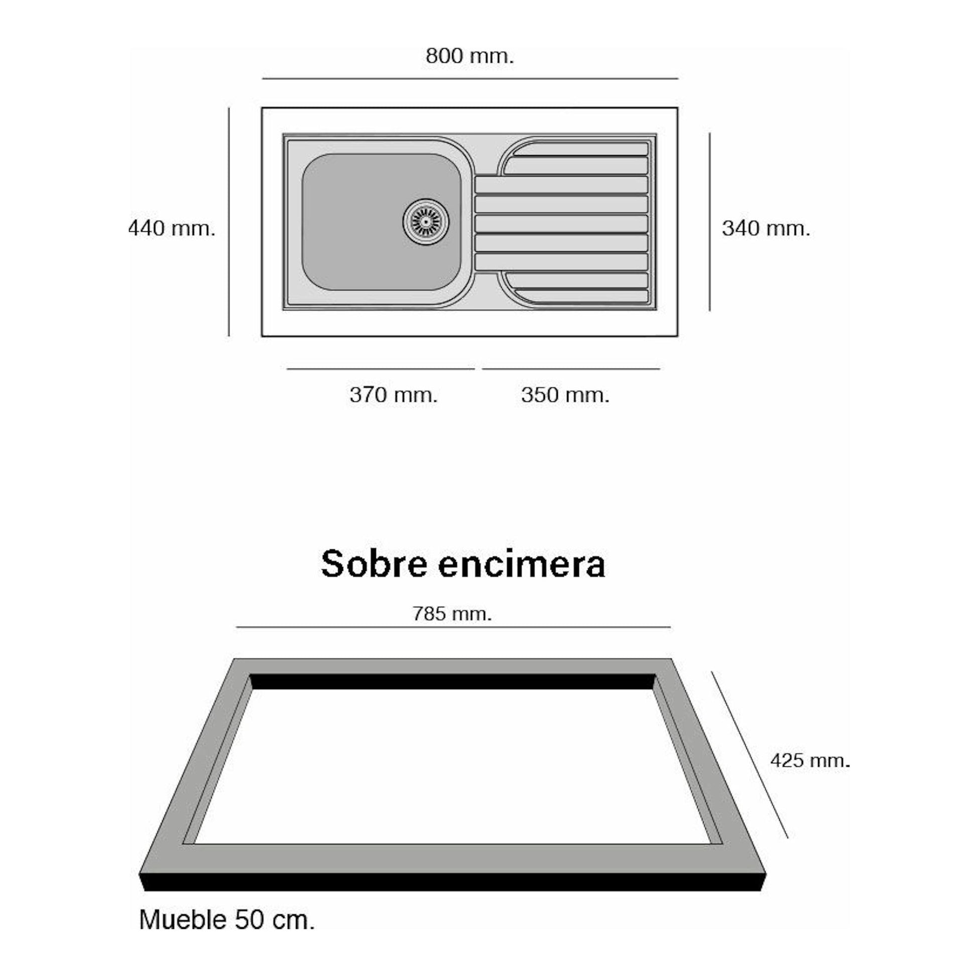 Esquema técnico del fregadero Poalgi Topacio negro, vista superior y sobre encimera con medidas.