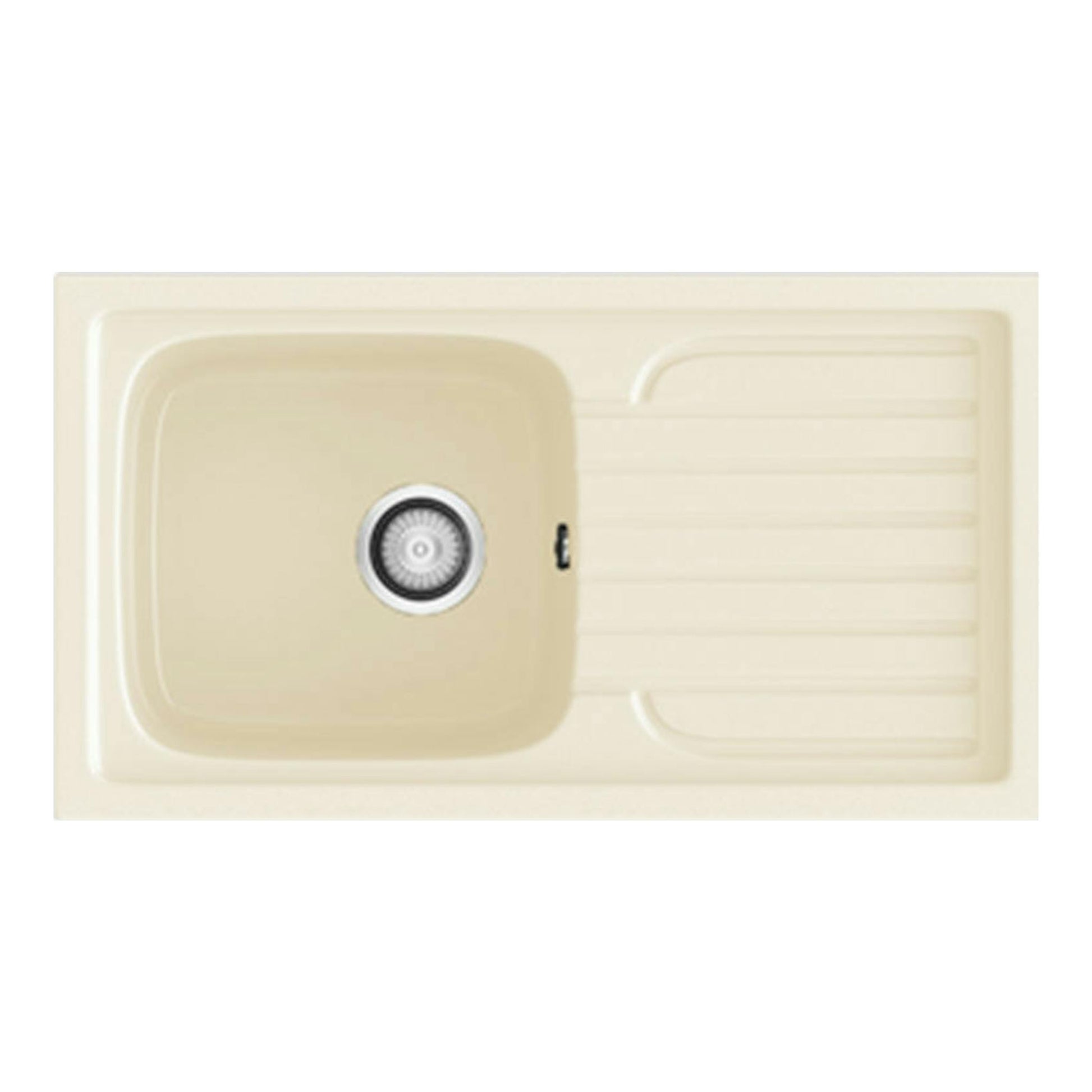 Fregadero Poalgi Topacio Pergamon brillo, vista superior, beige, con seno izquierdo y escurridor derecho.