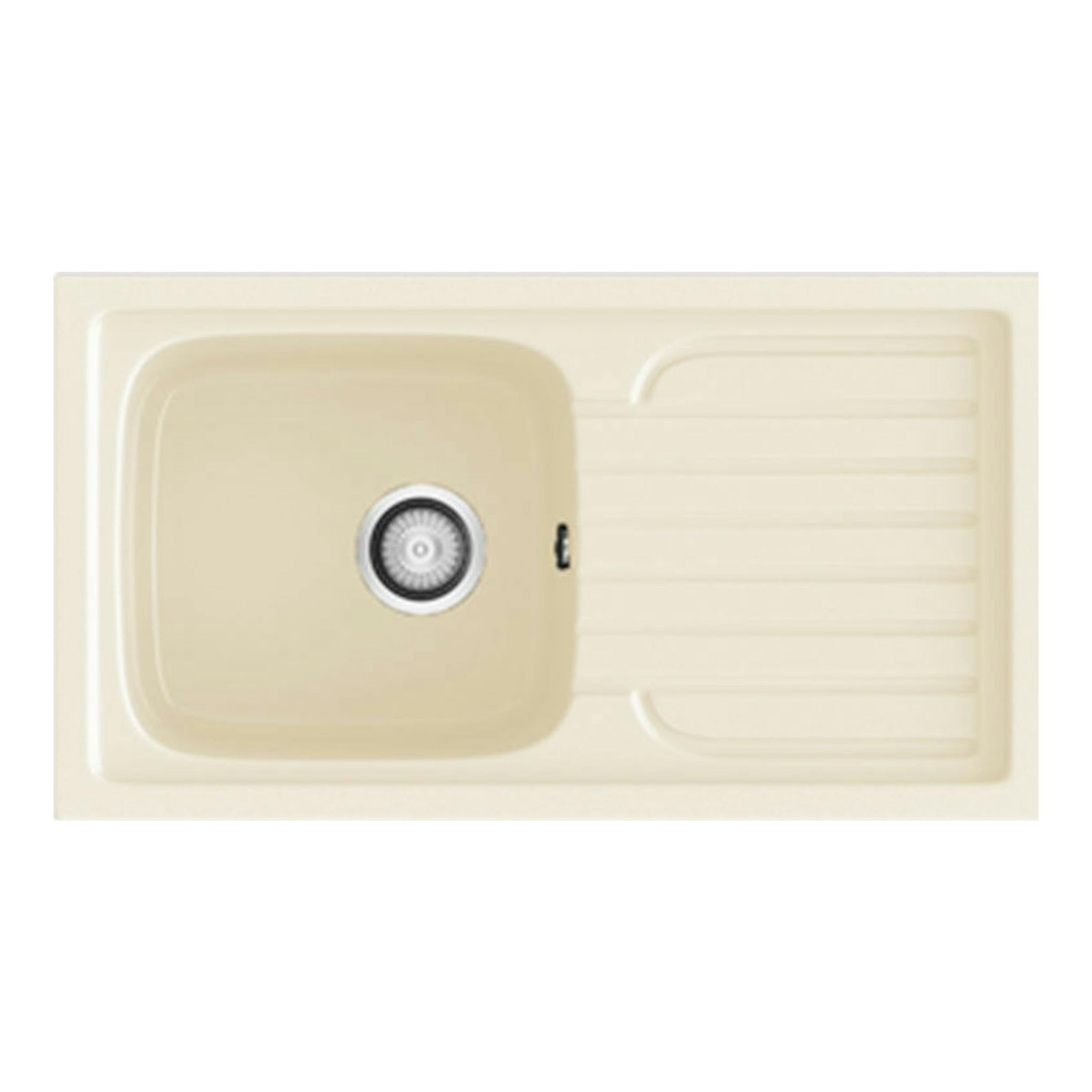 Fregadero Poalgi Topacio Pergamon brillo, vista superior, beige, con seno izquierdo y escurridor derecho.