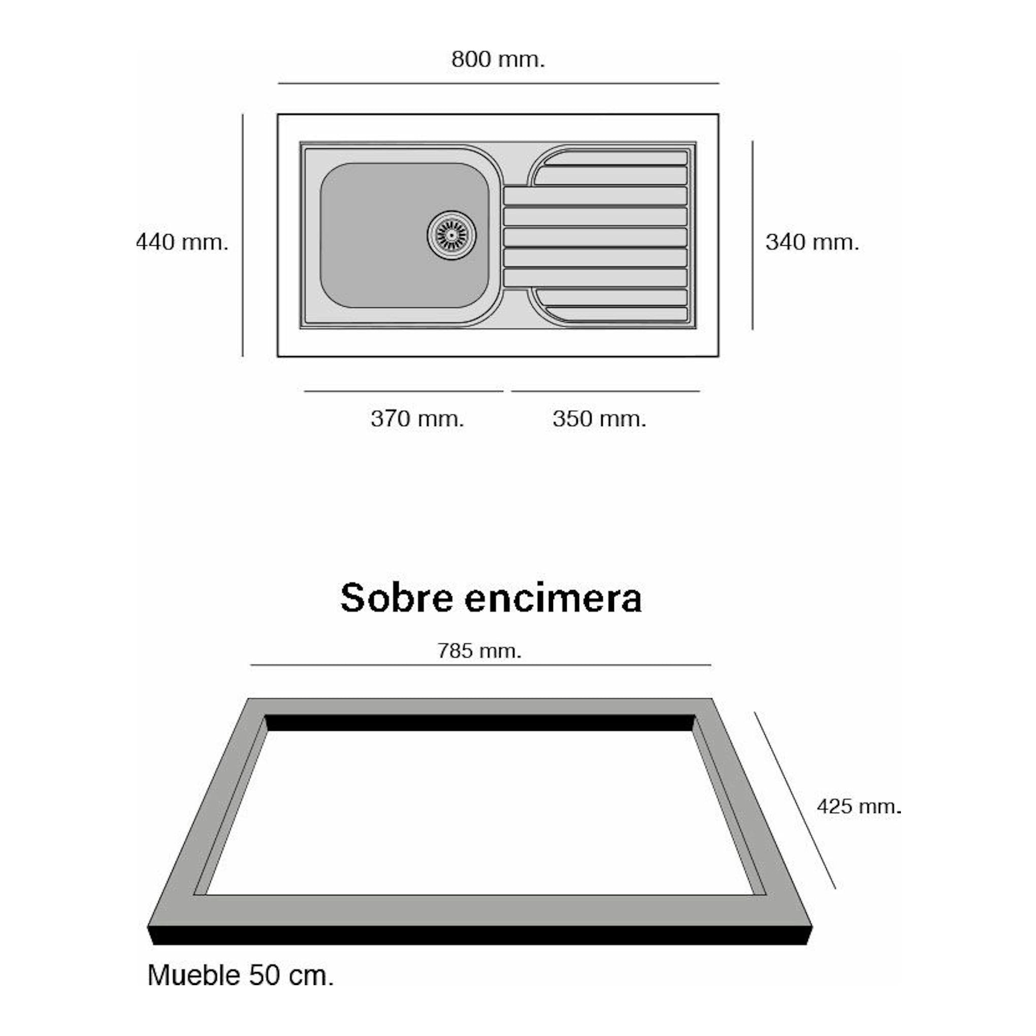 Fregadero Poalgi Topacio Tundra Brillo, plano técnico en gris con vista superior y sobre encimera, medidas en mm.
