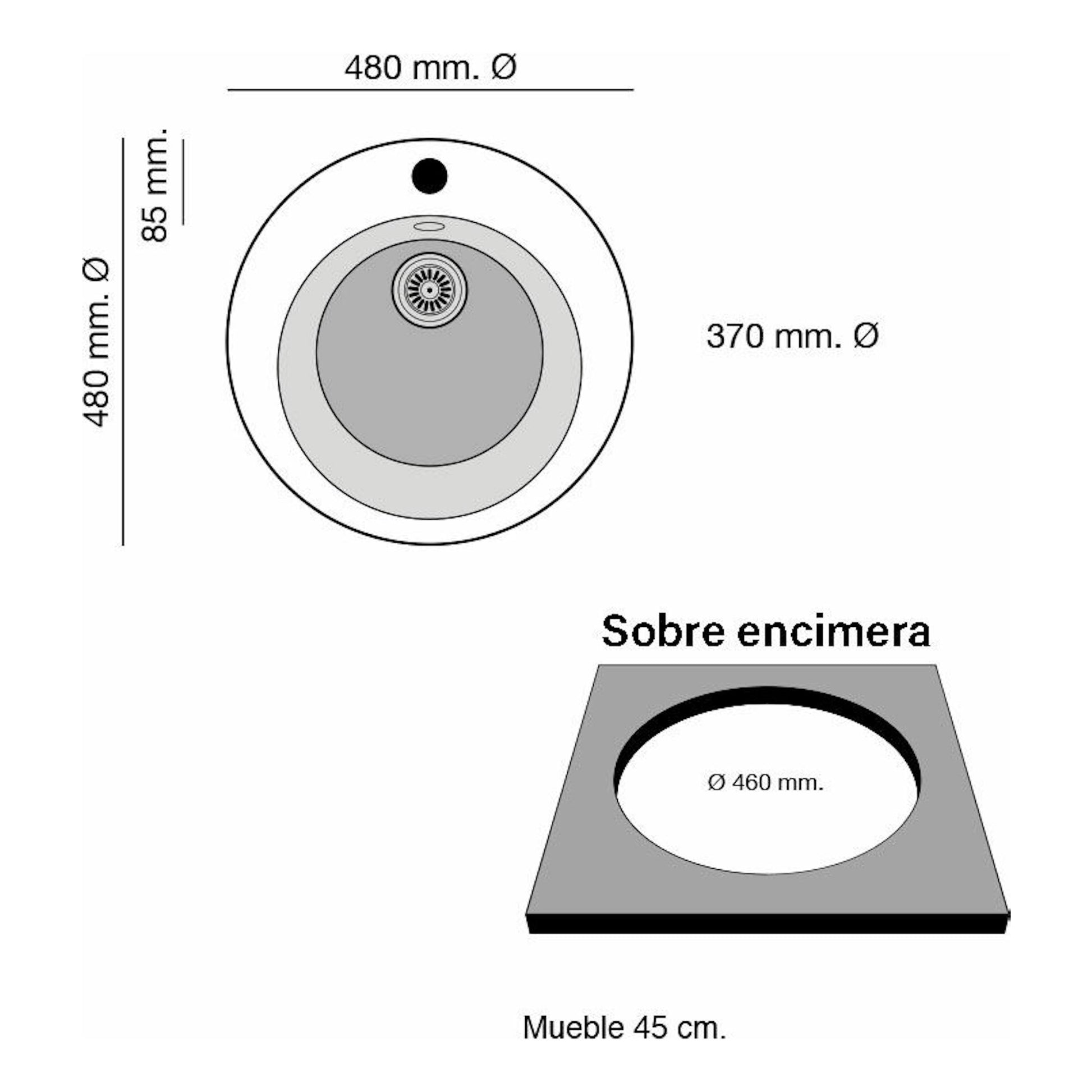 Diagrama técnico del fregadero Poalgi Zafiro Pergamon Brillo, circular, vista cenital y sobre encimera, Ø480 mm.
