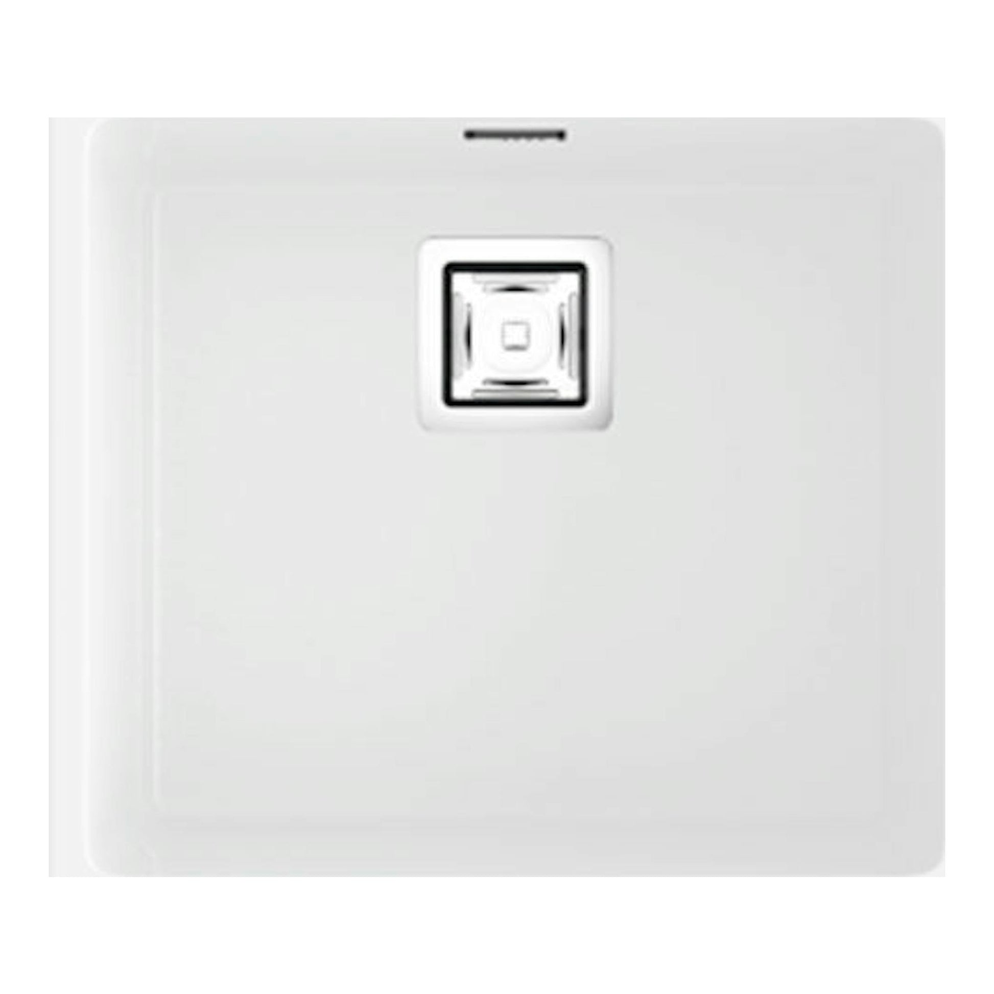 Fregadero Poalgi Zie 45 1C blanco brillo, vista superior de fregadero cuadrado con desagüe central.