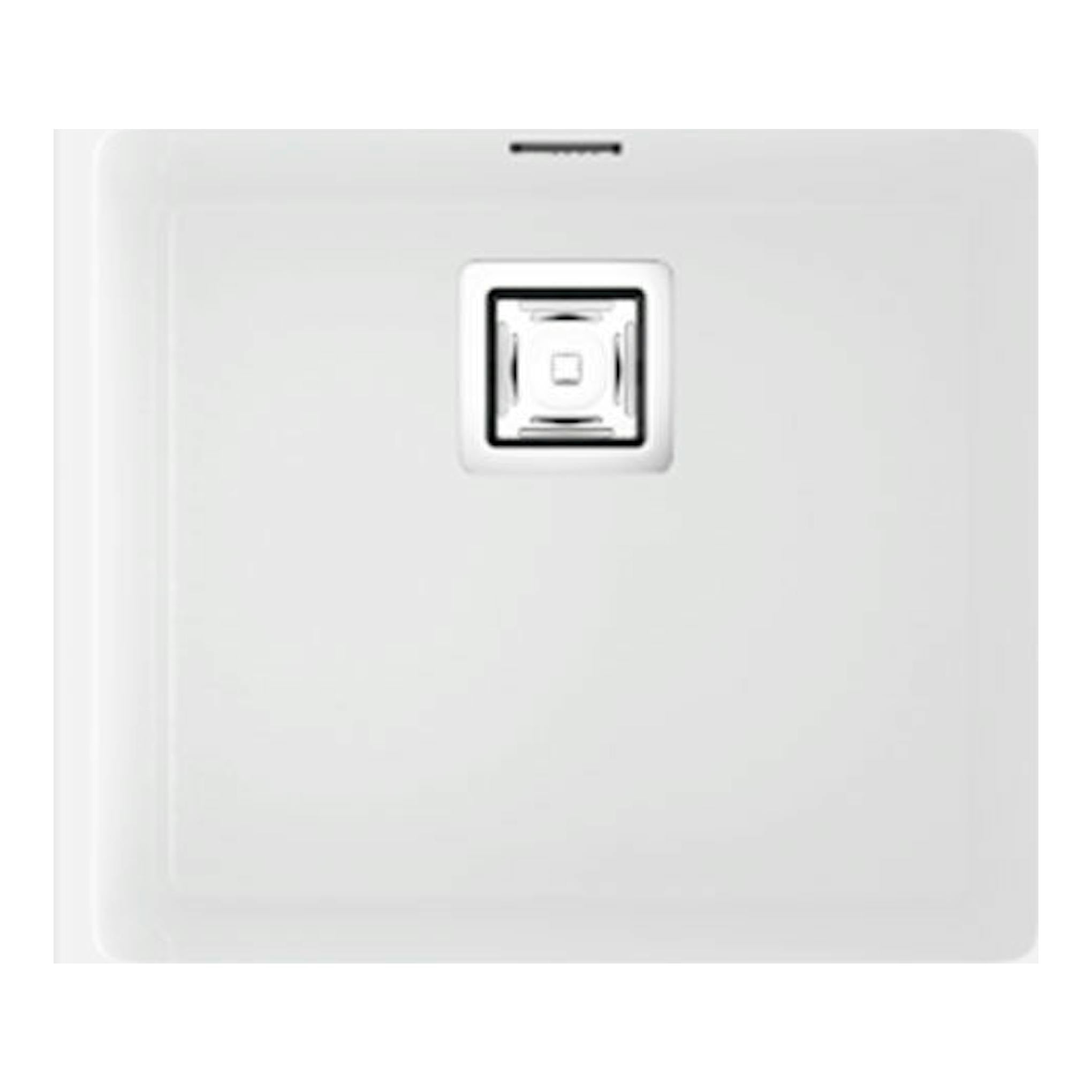 Fregadero Poalgi Zie 45 1C blanco brillo, vista superior de fregadero cuadrado con desagüe central.