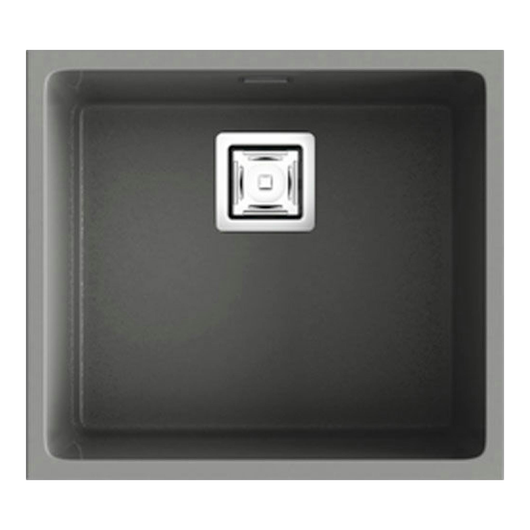 Fregadero Poalgi Zie 45 1C Concret Mate, vista cenital, cuadrado, gris oscuro, con un seno y desagüe central.
