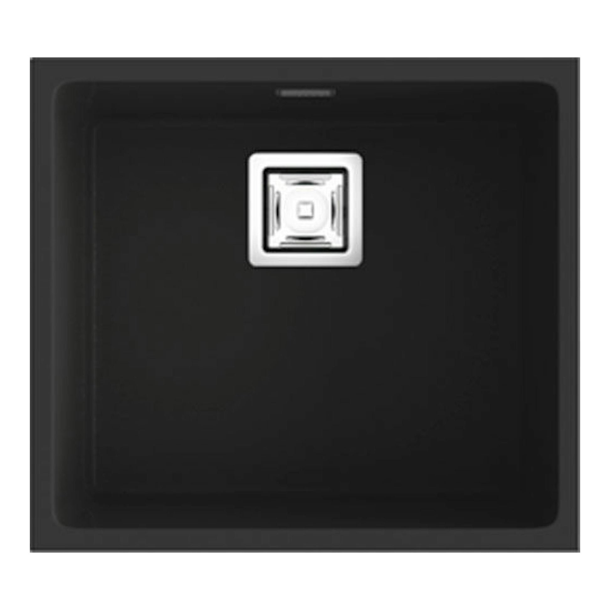 Fregadero Poalgi Zie 45 1C negro mate, vista cenital, con desagüe central.