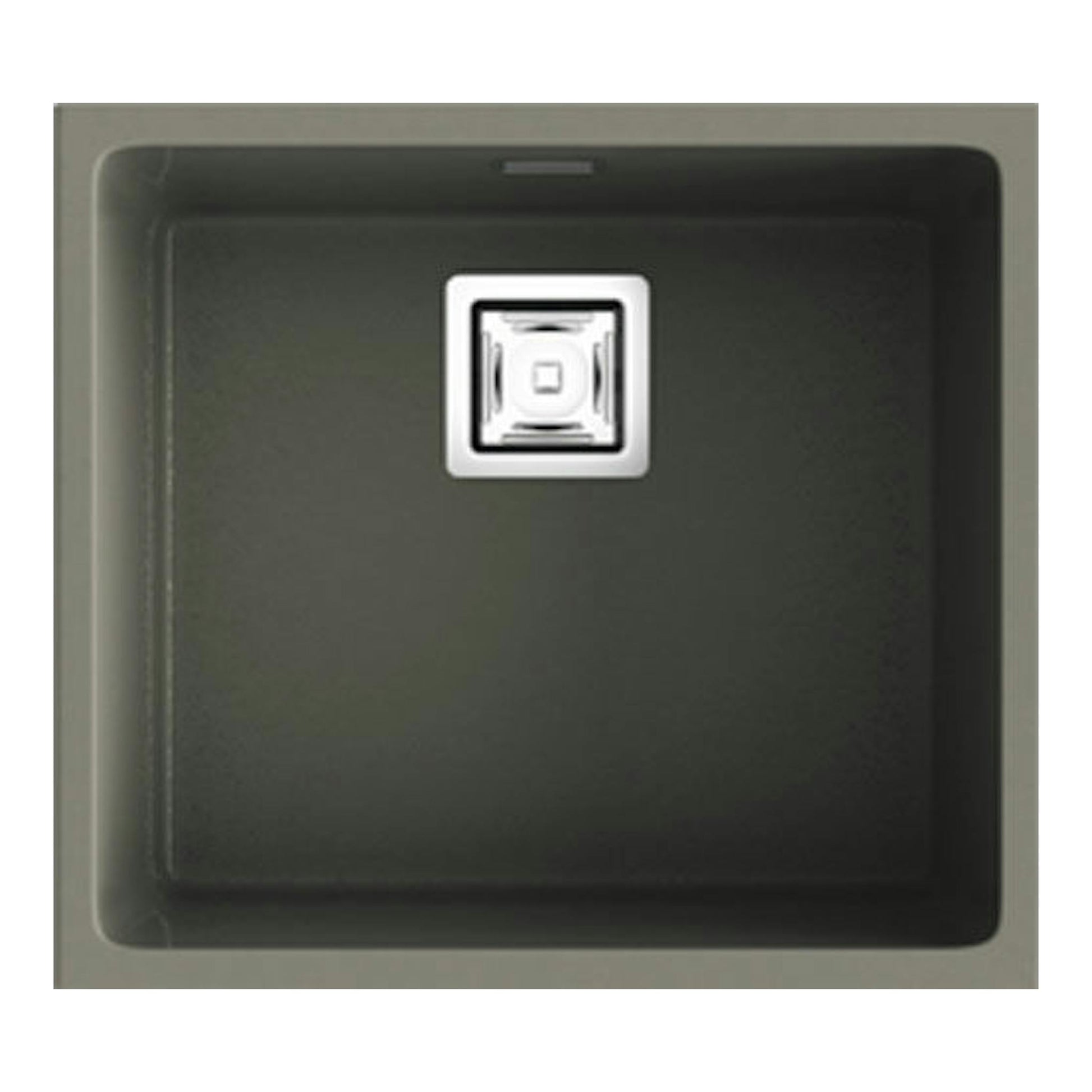 Fregadero Poalgi Zie 45 1C Tundra Mate, vista superior, cubeta cuadrada gris oscuro con desagüe centrado.
