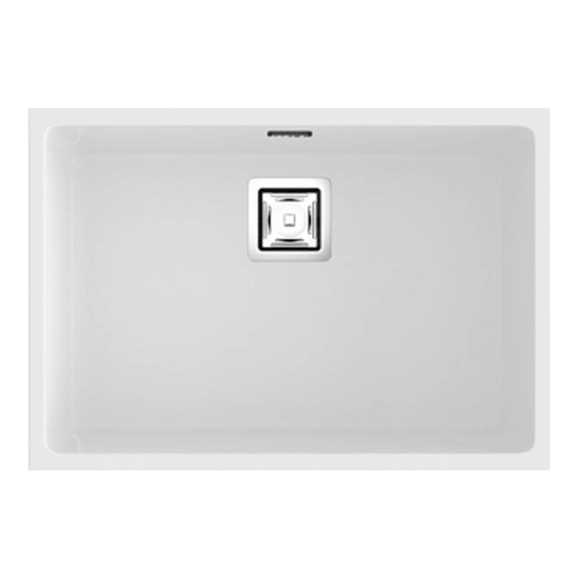 Fregadero Poalgi Zie 60 1C blanco mate, vista superior con cubeta central y desagüe cuadrado.