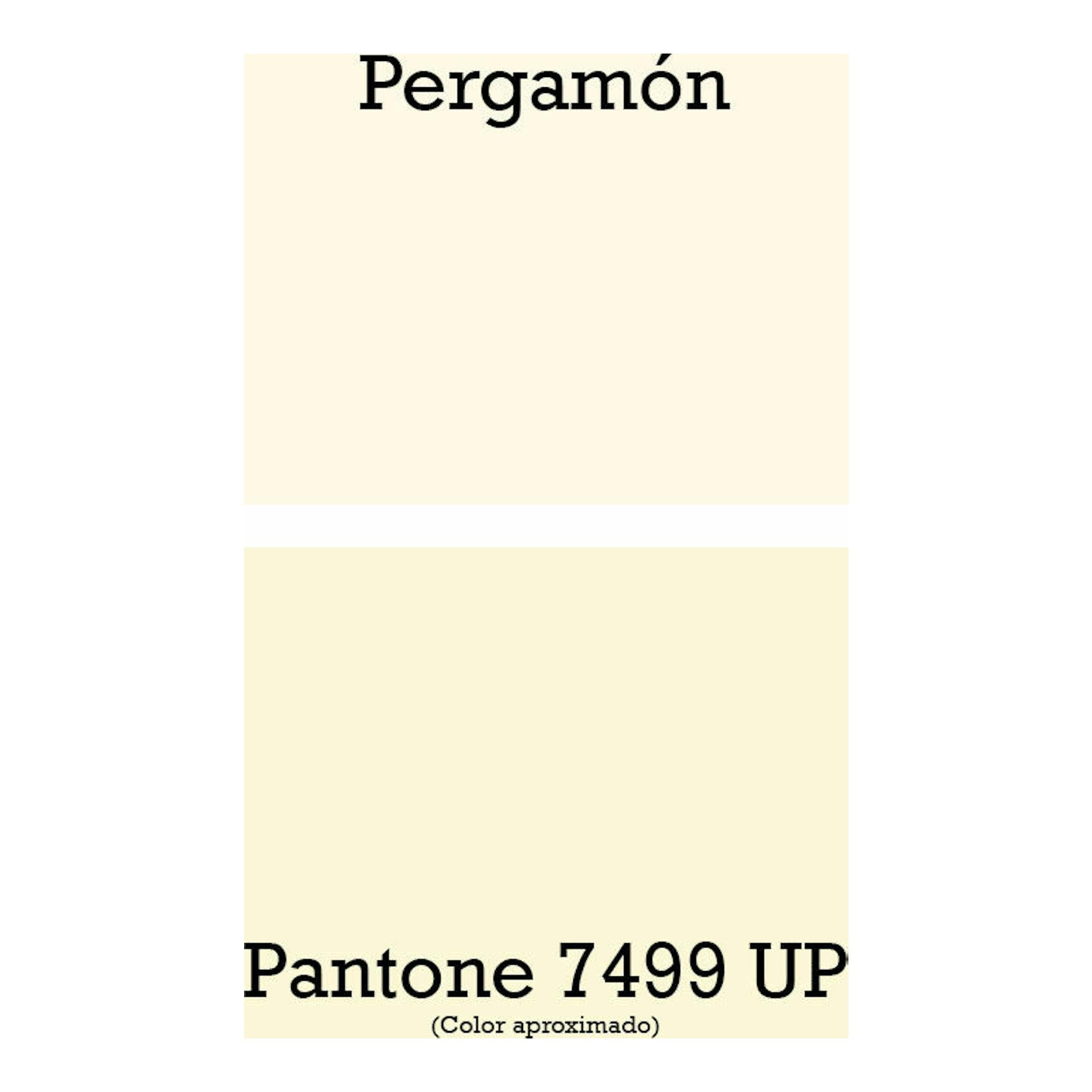 Muestra de color Pergamón, Pantone 7499 UP, fondo beige claro.