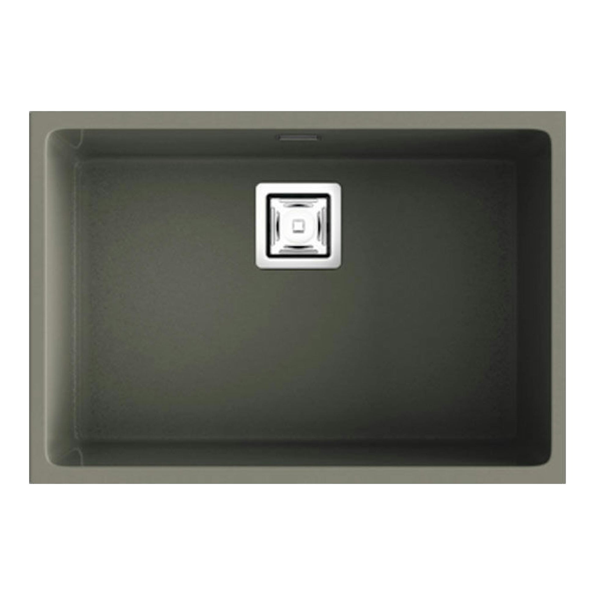 Fregadero Poalgi Zie 60 1C Tundra Mate, vista cenital, cubeta única rectangular gris oscuro con desagüe central.